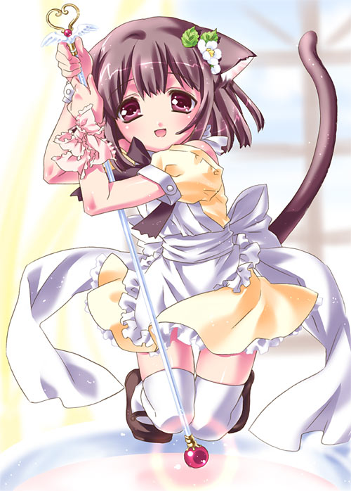 kamiya maneki, 1girl, animal ears, apron, brown hair, cat ears, cat tail, female focus, flower, hair flower, hair ornament, heart, kneeling, looking at viewer, maid, maid apron, mary janes, open mouth, pink eyes, ribbon, shoes, short hair, smile, solo, staff, tail, tareme, thighhighs, wrist ribbon, zettai ryouiki