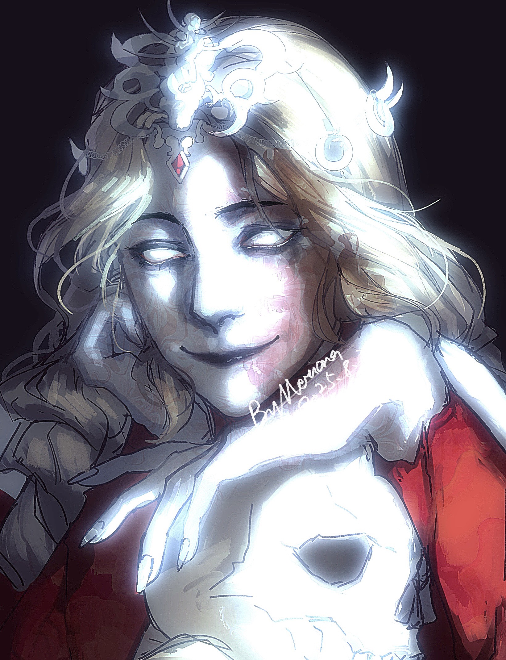 merianaka, orin the red, baldur's gate, baldur's gate 3, dungeons & dragons, dungeons & dragons, highres, procreate (medium), 1girl, black background, black lips, blonde hair, braid, circlet, colored skin, dated, headpiece, long hair, looking at viewer, portrait, signature, single braid, skull, solo, white eyes, white skin