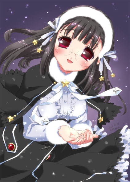 kamiya maneki, 1girl, black hair, capelet, female focus, fur trim, glasses, hairband, long hair, looking at viewer, open hands, red eyes, smile, solo, star (symbol), tareme