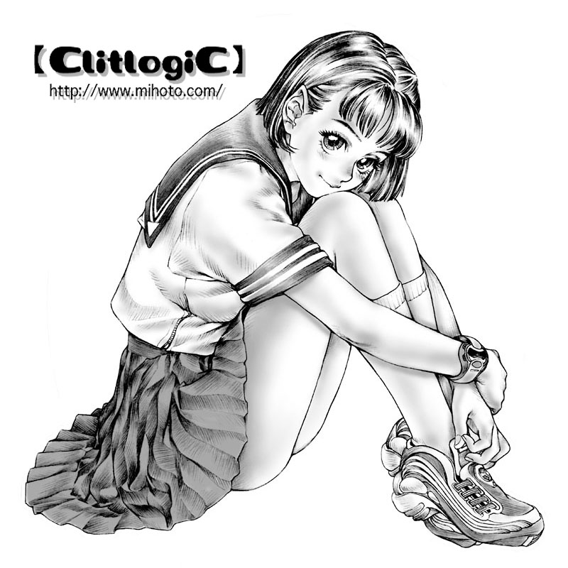 clitlogic, mihoto kouji, 1girl, blush, female focus, full body, greyscale, legs, loli, looking at viewer, monochrome, own hands together, pinup (style), school uniform, serafuku, shirt, shoes, short hair, short sleeves, simple background, sitting, skirt, smile, sneakers, socks, solo, watch, watermark, web address, white background, wristwatch