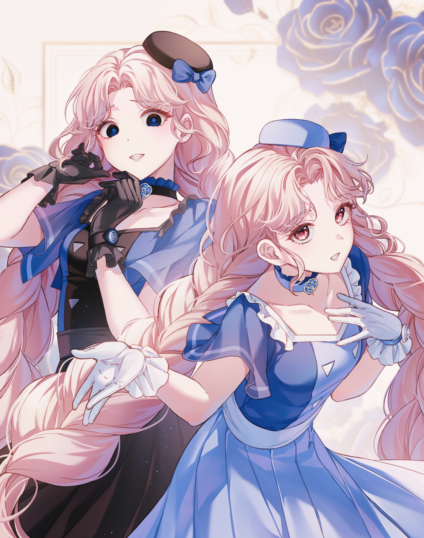 lella nyam, nikaidou tamaki, himitsu no aipri, pretty series, hashtag-only commentary, highres, 2girls, black dress, black gloves, black hat, blonde hair, blue choker, blue dress, blue flower, blue hat, blue rose, braid, breasts, choker, cowboy shot, dark persona, dress, dual persona, floral background, flower, gloves, hands up, hat, idol clothes, long hair, looking at viewer, medium breasts, mini hat, multiple girls, parted bangs, rose, smile, standing, twin braids, very long hair, white gloves