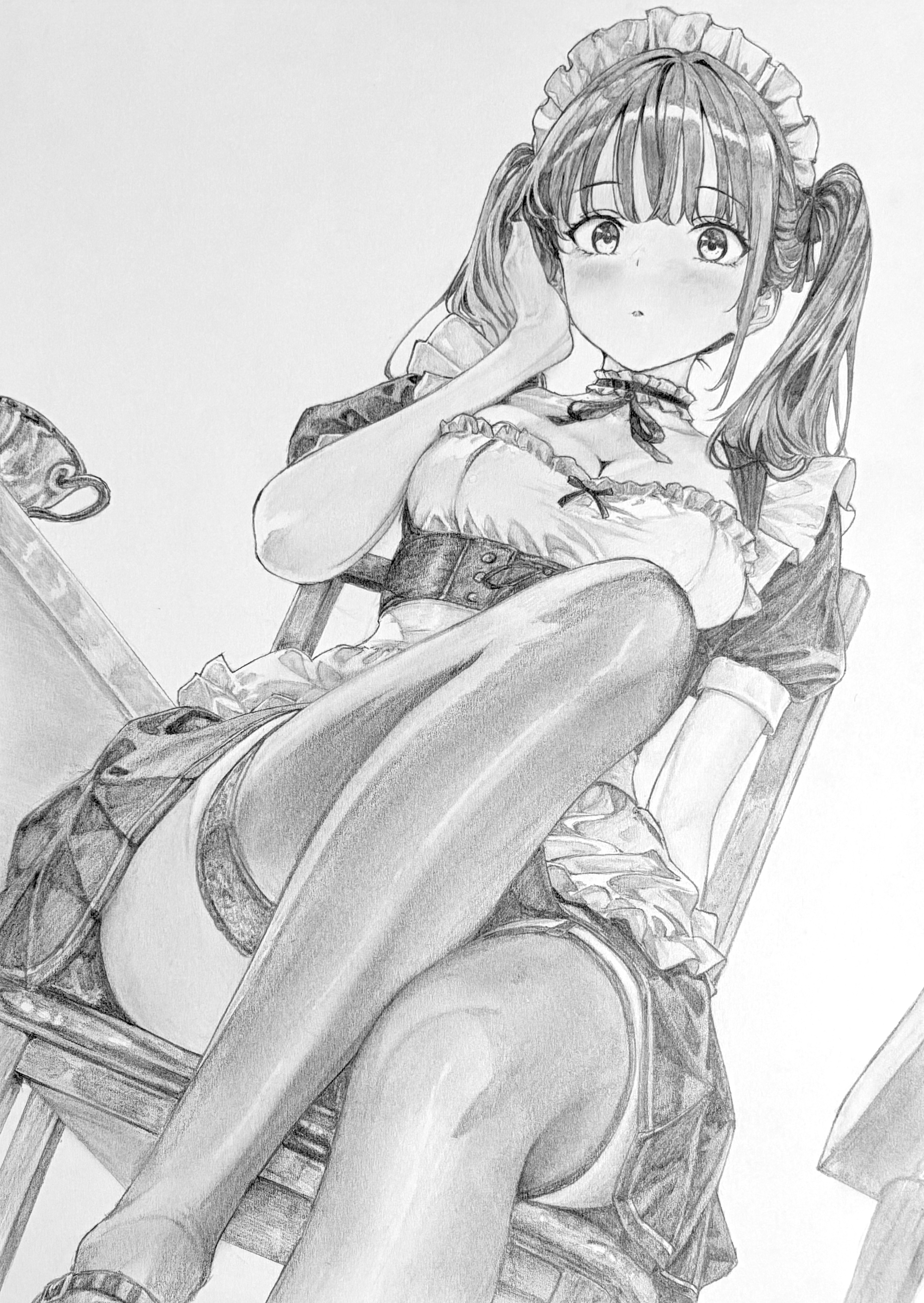 lensia, original, absurdres, commentary request, graphite (medium), highres, traditional media, 1girl, blush, breasts, chair, choker, cleavage, dress, dutch angle, feet out of frame, frilled choker, frilled dress, frills, greyscale, hand on own cheek, hand on own face, hand up, large breasts, leg up, long hair, looking at viewer, maid, maid headdress, monochrome, on chair, parted lips, pleated dress, short sleeves, sitting, solo, thighhighs, twintails, wispy bangs