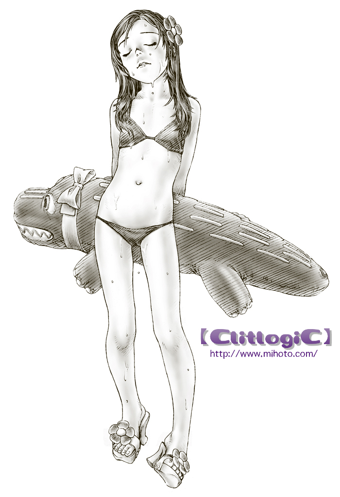 clitlogic, mihoto kouji, 1girl, arms behind back, bikini, crocodile, crocodilian, feet, female focus, flat chest, flower, footwear flower, full body, greyscale, loli, monochrome, open shoes, pinup (style), platform sandals, ribbon, sandals, simple background, solo, string bikini, swimsuit, watermark, web address, wet, white background