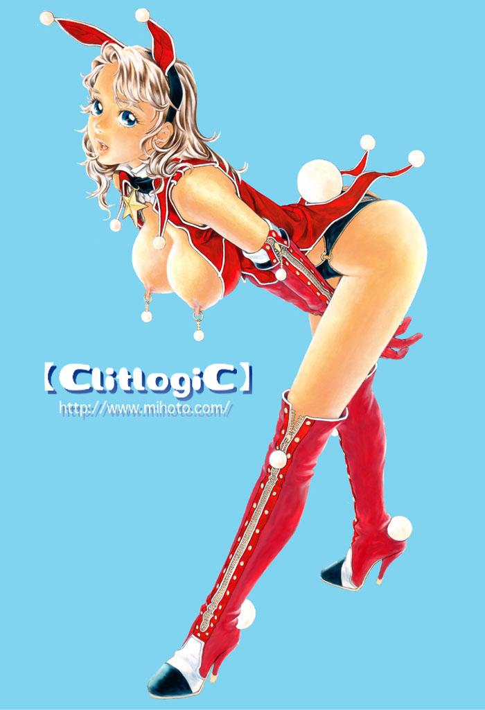 clitlogic, mihoto kouji, copyright request, 1girl, animal ears, bell, blue background, blue eyes, boots, breasts, breasts out, copyright name, fake animal ears, female focus, full body, high heel boots, high heels, jingle bell, kneehighs, large breasts, legs, leotard, long hair, looking at viewer, nipple piercing, nipple rings, nipples, open mouth, piercing, pinup (style), playboy bunny, rabbit, rabbit ears, rabbit tail, red boots, santa costume, shoes, simple background, socks, solo, tail, thighhighs, watermark, web address