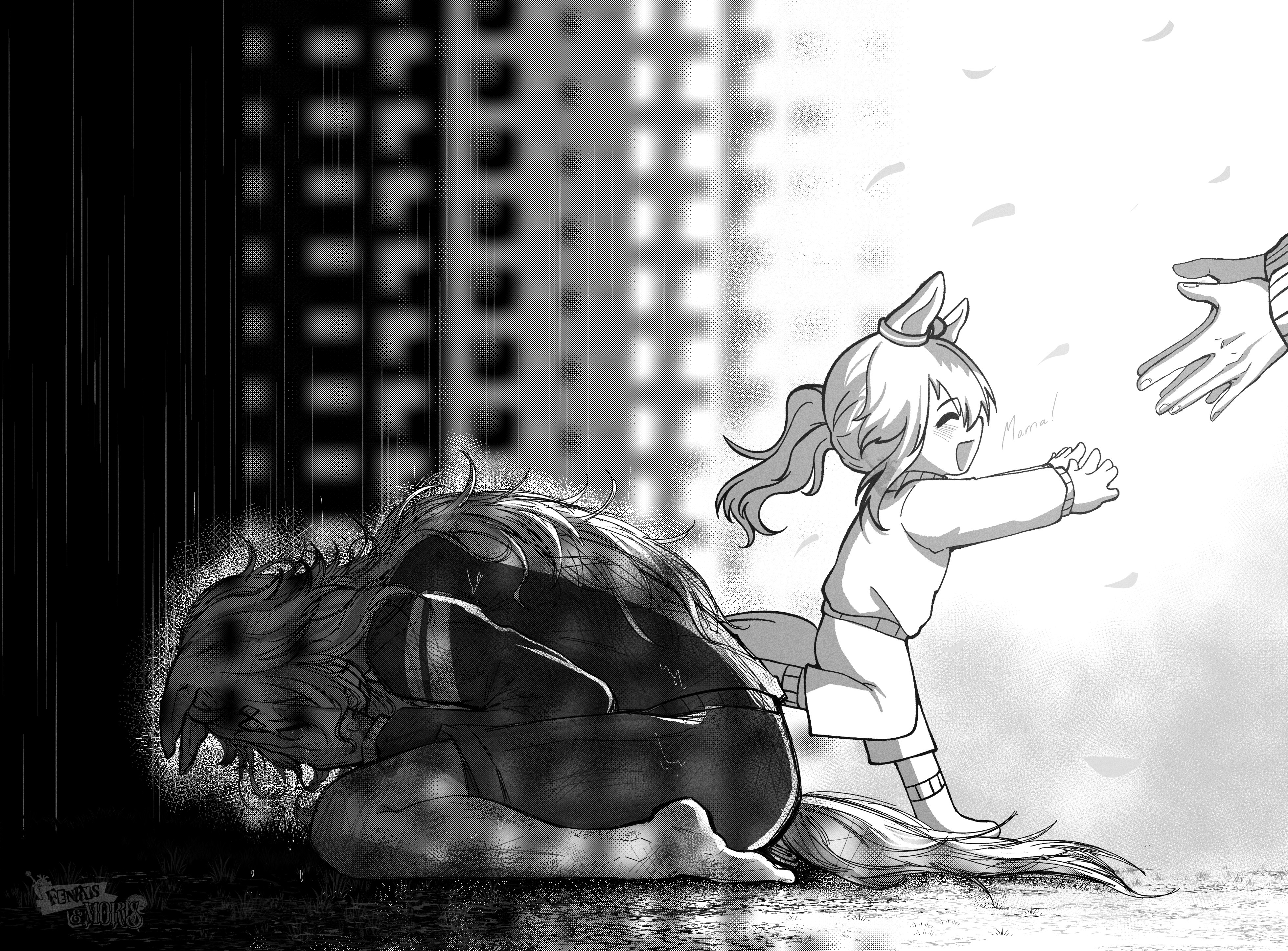 oguri cap's mother (umamusume), oguri cap (umamusume), umamusume, umamusume: cinderella gray, absurdres, highres, spoilers, 2girls, age progression, ahoge, animal ears, barefoot, blush, crying, despair, ear ornament, exocorpse, greyscale, hair between eyes, hand over face, happy, horse ears, horse girl, horse tail, jacket, long hair, long sleeves, monochrome, multiple girls, open mouth, pants, ponytail, rain, shadow, shorts, smile, socks, tail, tracen training uniform, track jacket, track pants, track suit