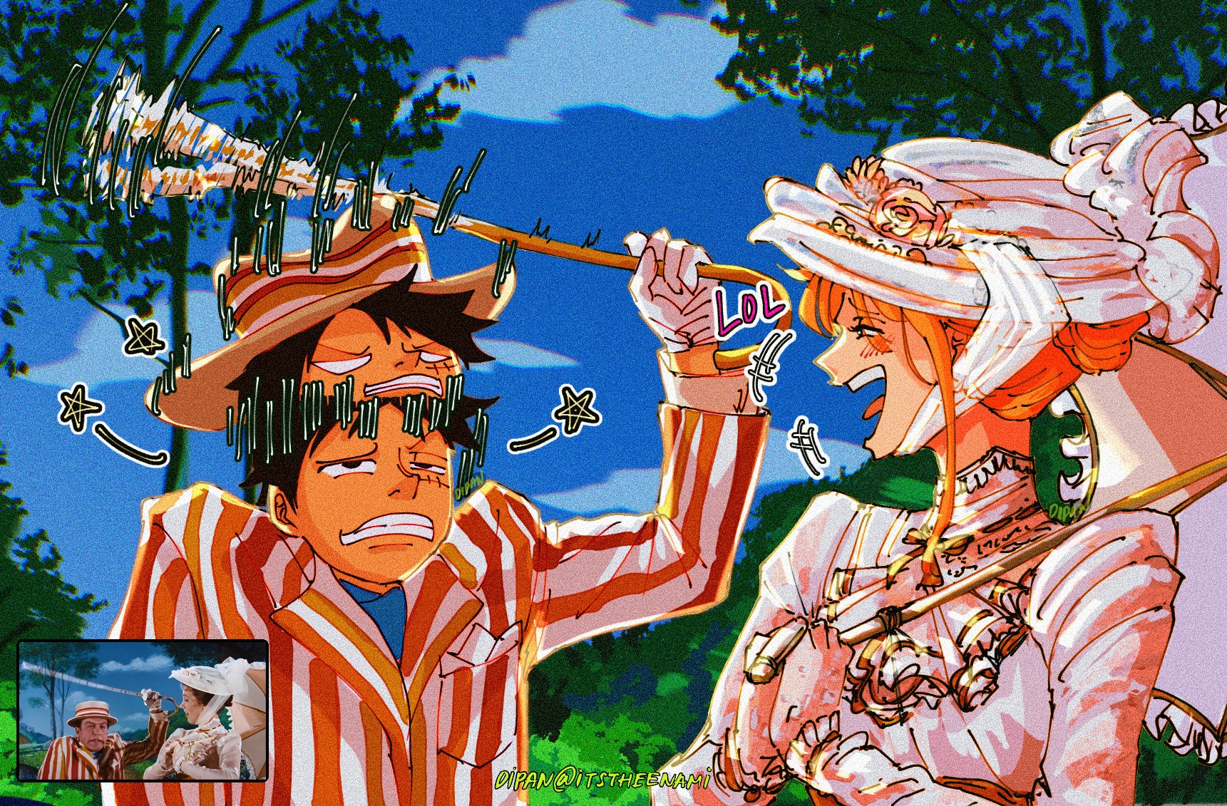 itstheenami, bert (mary poppins), mary poppins (character), monkey d. luffy, nami (one piece), mary poppins, one piece, commentary, english commentary, highres, +++, 1boy, 1girl, bert (mary poppins) (cosplay), black hair, blue sky, blush, bonk, cloud, cloudy sky, cosplay, dent, dress, facial scar, flower, gloves, hair bun, hair up, hat, hat flower, hat ribbon, holding, holding umbrella, jacket, laughing, long hair, long sleeves, looking at another, mary poppins (character) (cosplay), open mouth, orange hair, outdoors, parasol, reference inset, ribbon, scar, scar on cheek, scar on face, short hair, single sidelock, sky, smile, star (symbol), striped clothes, striped jacket, tree, umbrella, upper body, vertical-striped clothes, vertical-striped jacket, white dress, white gloves, white hat