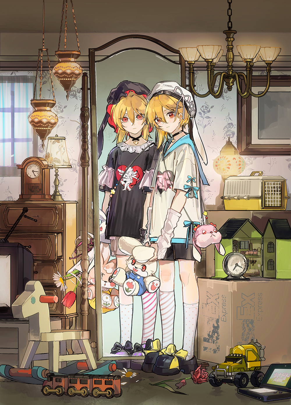 nito nazuna, ensemble stars!, highres, 1boy, androgynous, animal bag, animal hat, arm warmers, asymmetrical hair, asymmetrical legwear, black choker, black shirt, black shoes, blonde hair, blush, bonnet, bouquet, bow, box, cabinet, cardboard box, ceiling, chandelier, choker, clock, closed mouth, clutter, crt, curtains, different reflection, facing to the side, flower, footwear bow, frilled sleeves, frills, full-length mirror, game console, hair between eyes, handheld game console, hat, heart, heart choker, holding, holding bouquet, holding stuffed toy, hood, indoors, inverted colors, lace collar, lamp, lampshade, long shirt, looking at viewer, male focus, messy room, mirror, mismatched legwear, oversized clothes, patterned clothing, patterned legwear, pet carrier, petals, picture frame, platform shoes, print shirt, rabbit bag, rabbit ear headwear, rabbit hat, red eyes, red flower, red rose, reflection, reflection focus, rose, shirt, shoes, shorts, socks, solo, stuffed animal, stuffed rabbit, stuffed toy, toy car, toy horse, toy house, toy train, wall lamp, wallpaper (object), white shirt, window