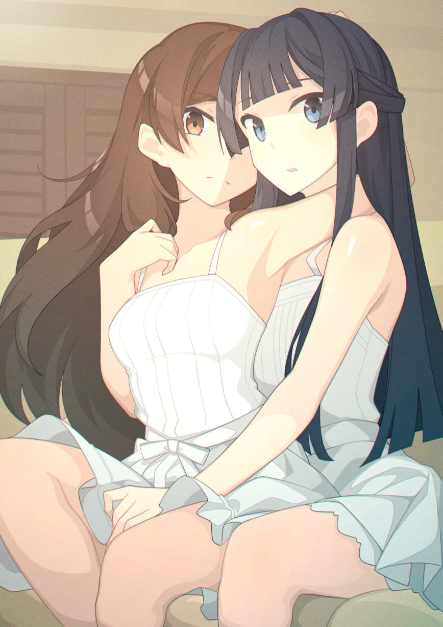 kanteraya, kitazawa shiho, mogami shizuka, idolmaster, idolmaster million live!, highres, 2girls, behind another, black hair, blue eyes, brown eyes, brown hair, closed mouth, dress, half updo, hand on another's lap, indoors, long hair, looking at viewer, multiple girls, parted lips, sitting, sleeveless, sleeveless dress, white dress, yuri