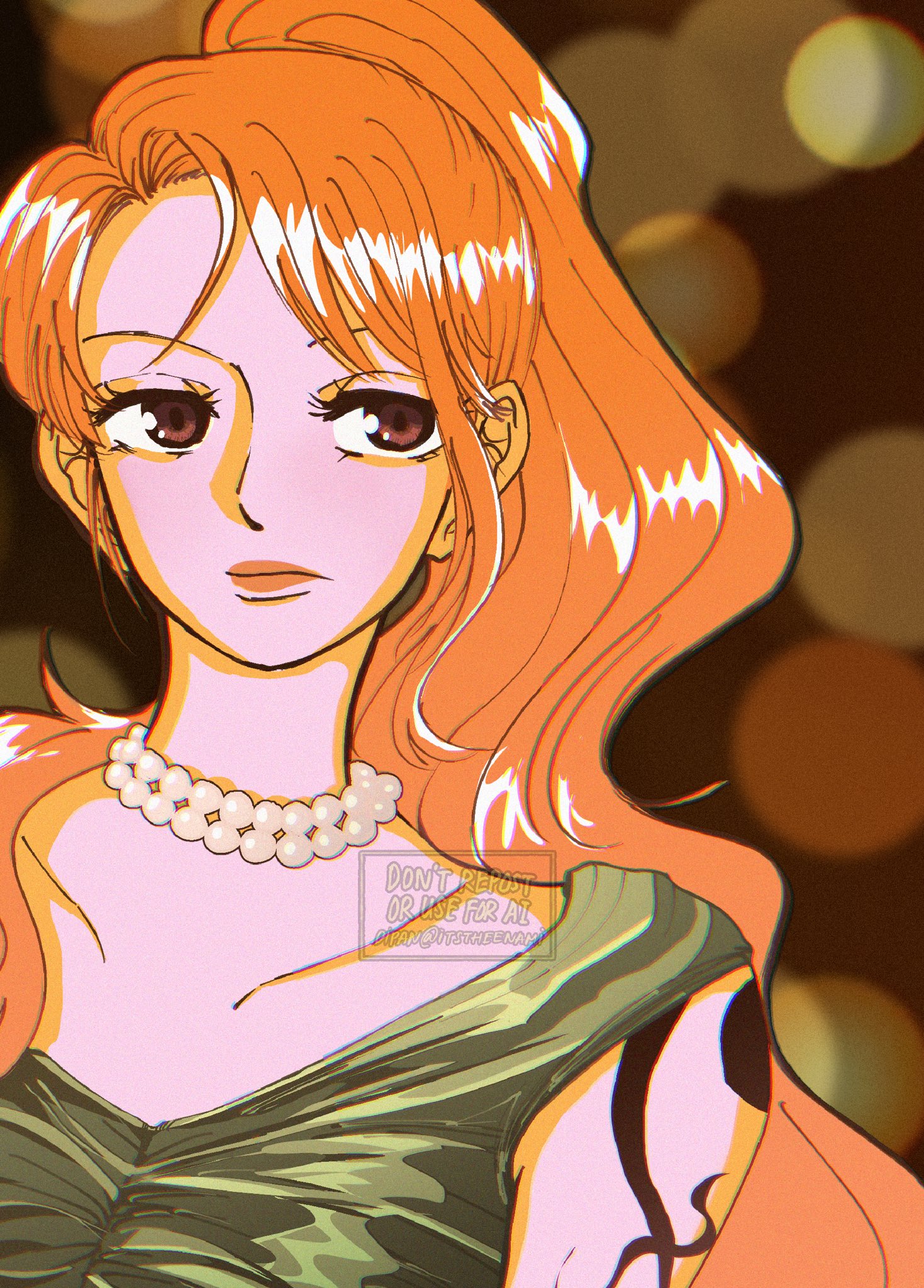 itstheenami, nami (one piece), one piece, highres, 1girl, alternate costume, bare shoulders, brown eyes, city lights, closed mouth, collarbone, dress, green dress, hair over shoulder, high ponytail, jewelry, lips, long hair, necklace, orange hair, pearl necklace, pink lips, ponytail, shoulder tattoo, single sidelock, sleeveless, sleeveless dress, solo, straight-on, tattoo, twitter username, upper body, wavy hair