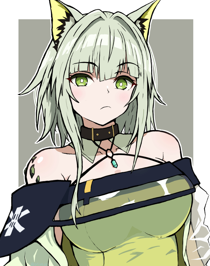 u5 oekaki, kal'tsit (arknights), arknights, commentary request, 1girl, animal ear fluff, animal ears, bare shoulders, border, breasts, bright pupils, closed mouth, green eyes, green hair, grey background, hair intakes, halterneck, large breasts, looking at viewer, medium hair, off shoulder, outline, outside border, solo, star of life, unamused, upper body, white border, white outline, white pupils