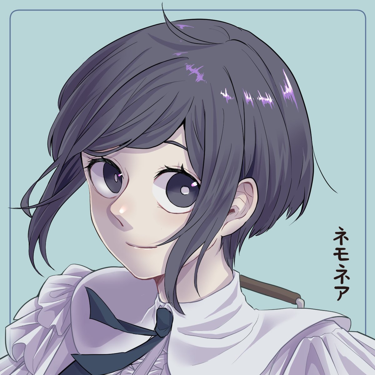 fukurai azami, toshi densetsu kaitai center, commentary request, highres, second-party source, translation request, 1girl, artist name, blue background, blue hair, bright pupils, closed mouth, collared shirt, frilled shirt, frills, looking at viewer, neck ribbon, nemonea, ribbon, shirt, short hair, simple background, smile, solo, swept bangs, upper body, white pupils, white shirt