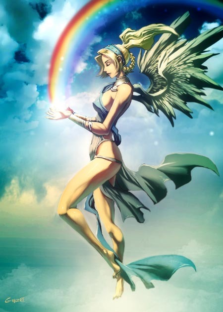 genzoman, angel, blonde hair, braid, breasts, closed eyes, cloud, floating, headband, iris, ponytail, rainbow, wings