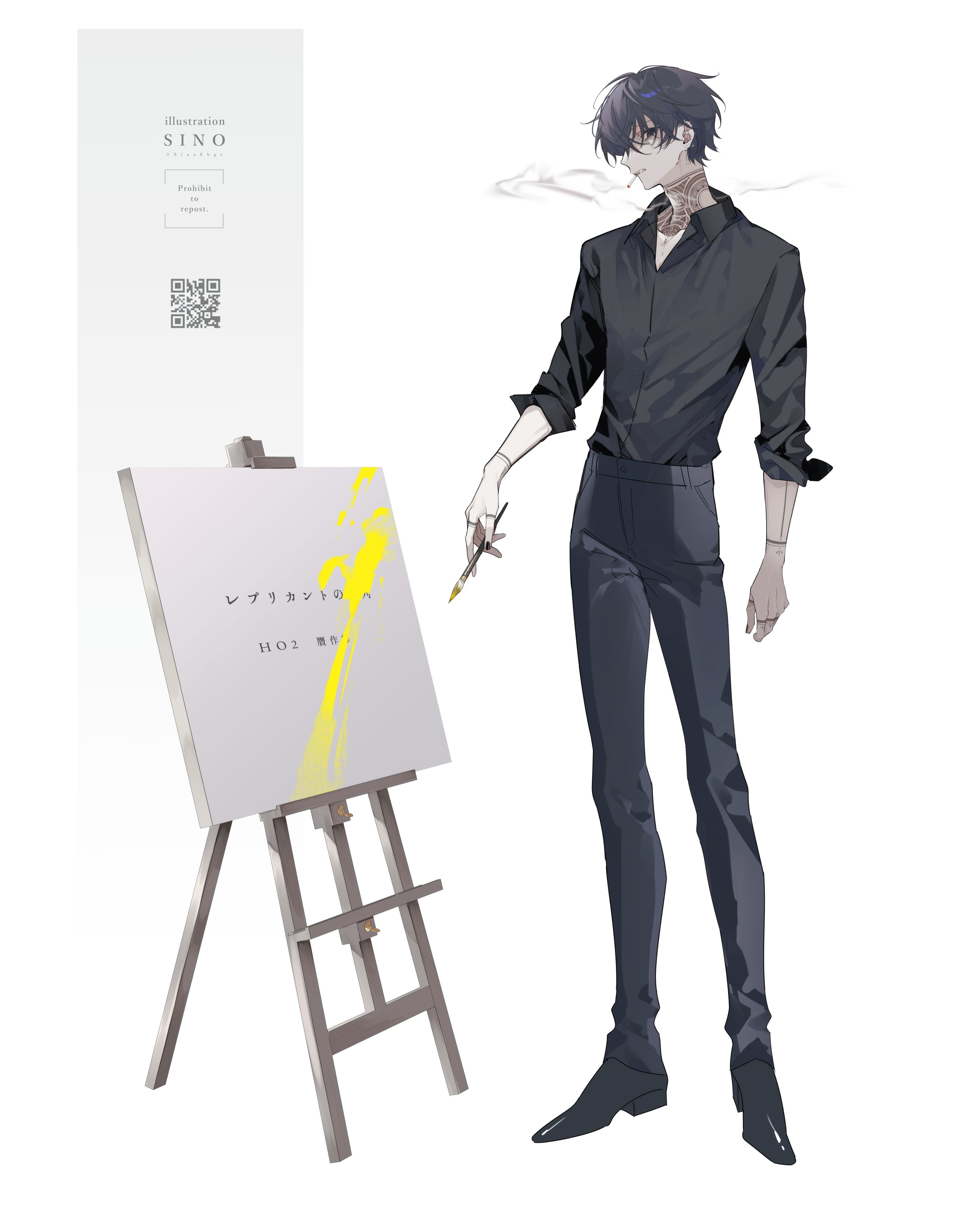 shiozaki shino, original, absurdres, highres, 1boy, artist name, black eyes, black hair, black pants, black shirt, black shoes, canvas (object), cigarette, collared shirt, full body, holding, holding paintbrush, male focus, neck tattoo, paintbrush, pants, qr code, shirt, shoes, short hair, simple background, sleeves rolled up, smoking, solo, tattoo, white background