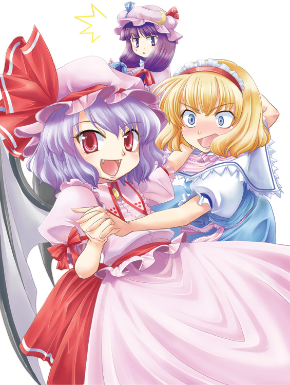 hasumi yuu, alice margatroid, patchouli knowledge, remilia scarlet, touhou, 3girls, blue eyes, bow, fang, female focus, hat, multiple girls, pink hat, red eyes, ribbon, skirt, white background