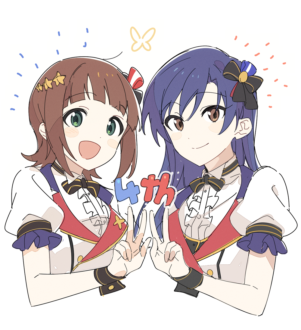 ap bar, amami haruka, kisaragi chihaya, idolmaster, idolmaster (classic), idolmaster million live!, idolmaster million live! theater days, 2girls, :d, blue hair, bow, bowtie, brown eyes, brown hair, closed mouth, cropped torso, dream prelude (idolmaster), green eyes, hair bow, hair ornament, hand up, jacket, long hair, looking at viewer, multiple girls, official alternate costume, open mouth, puffy short sleeves, puffy sleeves, short hair, short sleeves, simple background, smile, star (symbol), star hair ornament, v, white background, white jacket