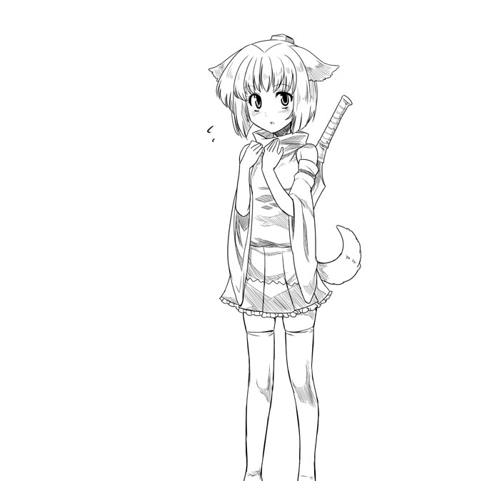 kiku hitomoji, tora tooru, toru tooru, inubashiri momiji, touhou, 1girl, animal ears, female focus, greyscale, monochrome, solo, thighhighs, wolf ears