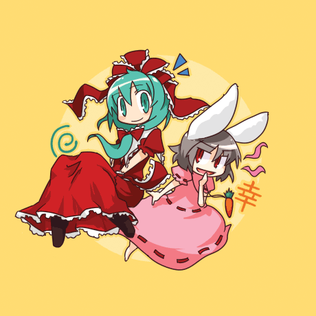 iyau, inaba tewi, kagiyama hina, touhou, lowres, 2girls, animal ears, black hair, carrot, carrot necklace, dress, female focus, front ponytail, green eyes, green hair, jewelry, long hair, multiple girls, necklace, pendant, pink dress, rabbit ears, red dress, red eyes, short hair, smirk