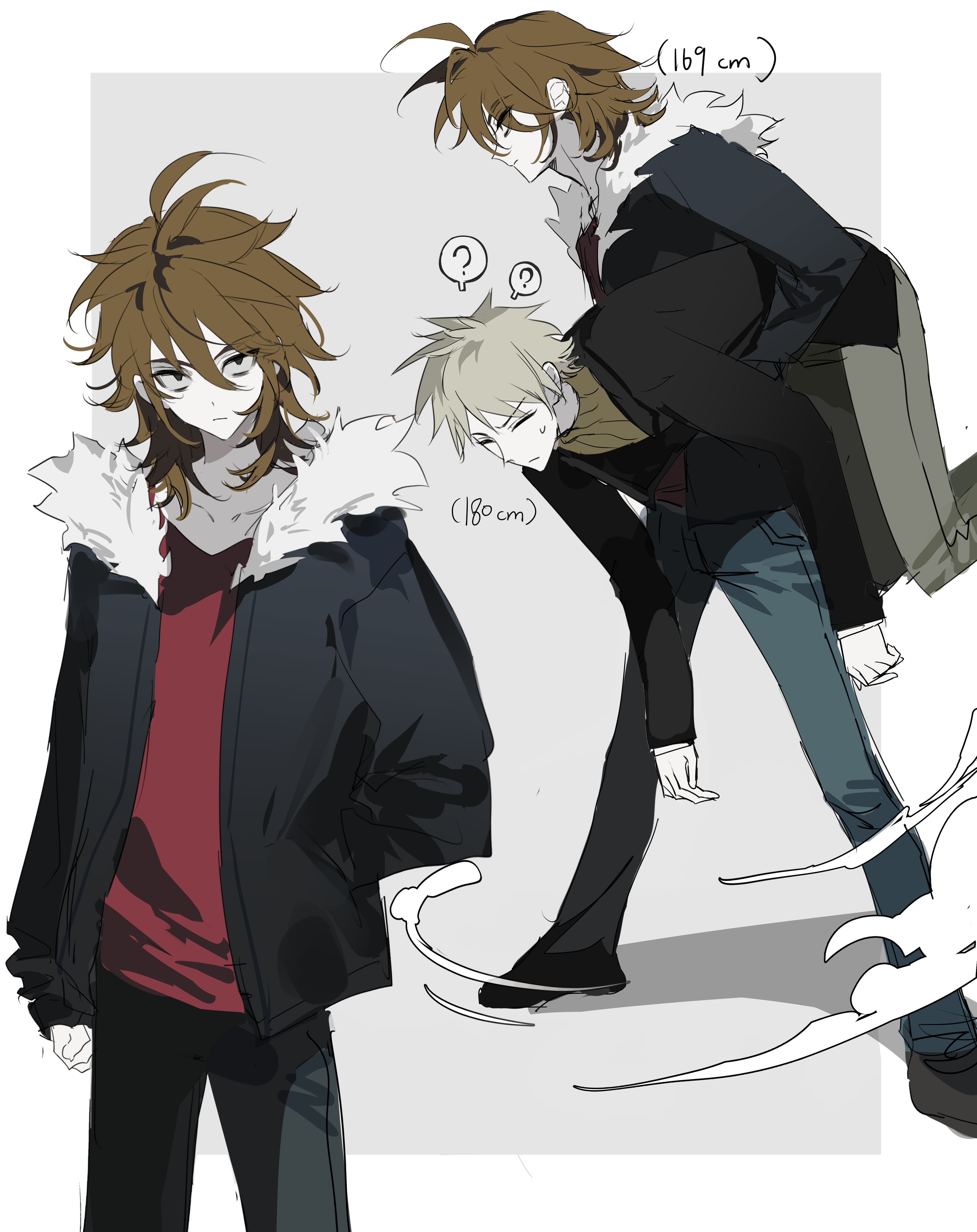 atou haruki, isoi reiji, saibou shinkyoku, absurdres, chinese commentary, commentary request, highres, 2boys, 4030322167, ?, black jacket, black pants, black shoes, blonde hair, blue pants, brown hair, closed eyes, closed mouth, colored skin, eyes visible through hair, fur-trimmed jacket, fur trim, green eyes, grey pants, hair between eyes, height, jacket, long sleeves, male focus, medium hair, multiple boys, multiple views, open clothes, open jacket, pants, red shirt, ribbed sweater, sanpaku, shirt, shoes, short hair, speech bubble, spoken question mark, sweat, sweater, turtleneck, turtleneck sweater, white skin