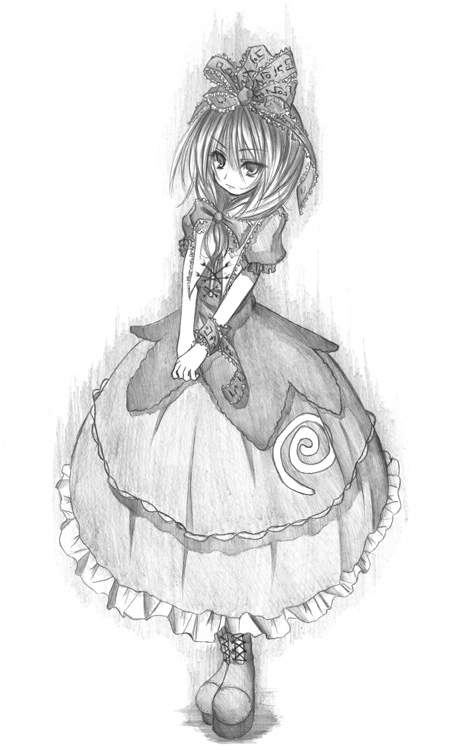 kurona, kagiyama hina, touhou, graphite (medium), traditional media, 1girl, boots, bow, dress, female focus, frilled dress, frills, front ponytail, full body, greyscale, hair bow, monochrome, own hands together, short hair, solo, standing, white background