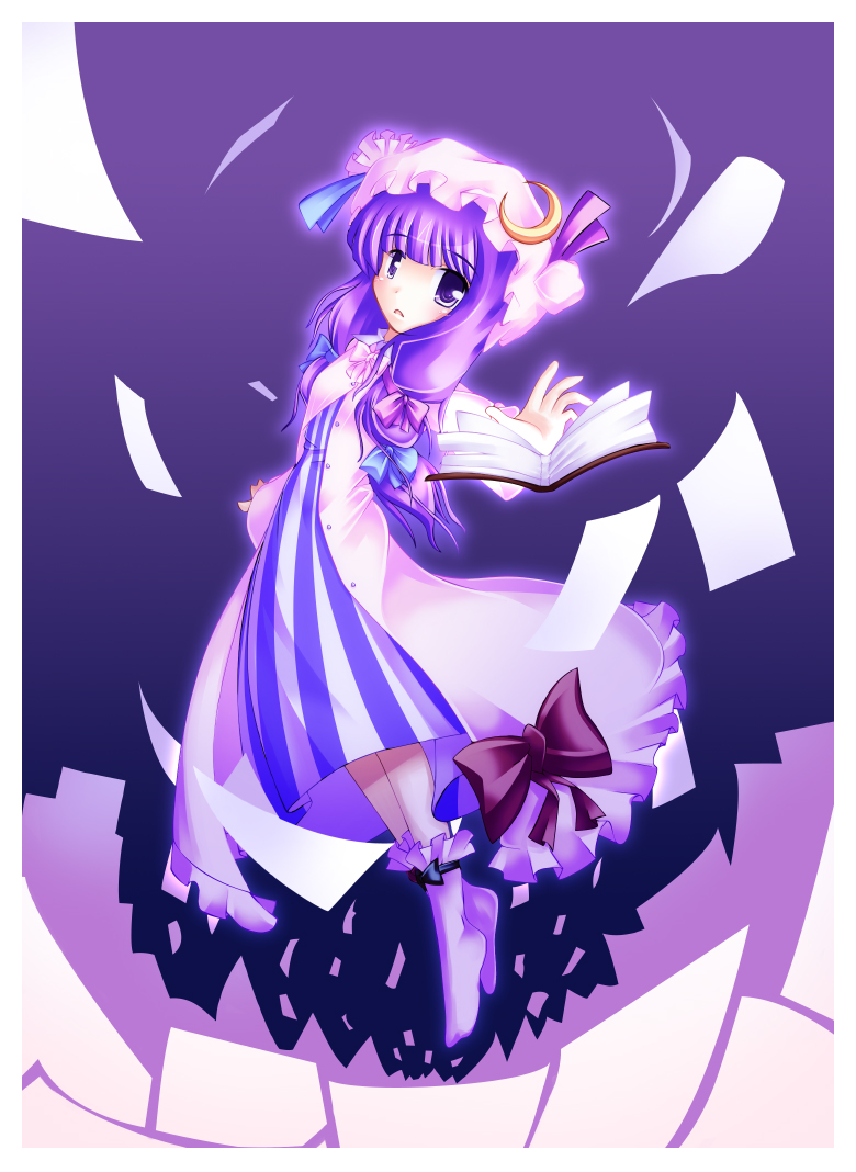 moru pomu po, patchouli knowledge, touhou, striped, 1girl, book, bow, dress, female focus, full body, hat, looking at viewer, open book, open mouth, purple background, purple dress, purple eyes, purple hair, socks, solo