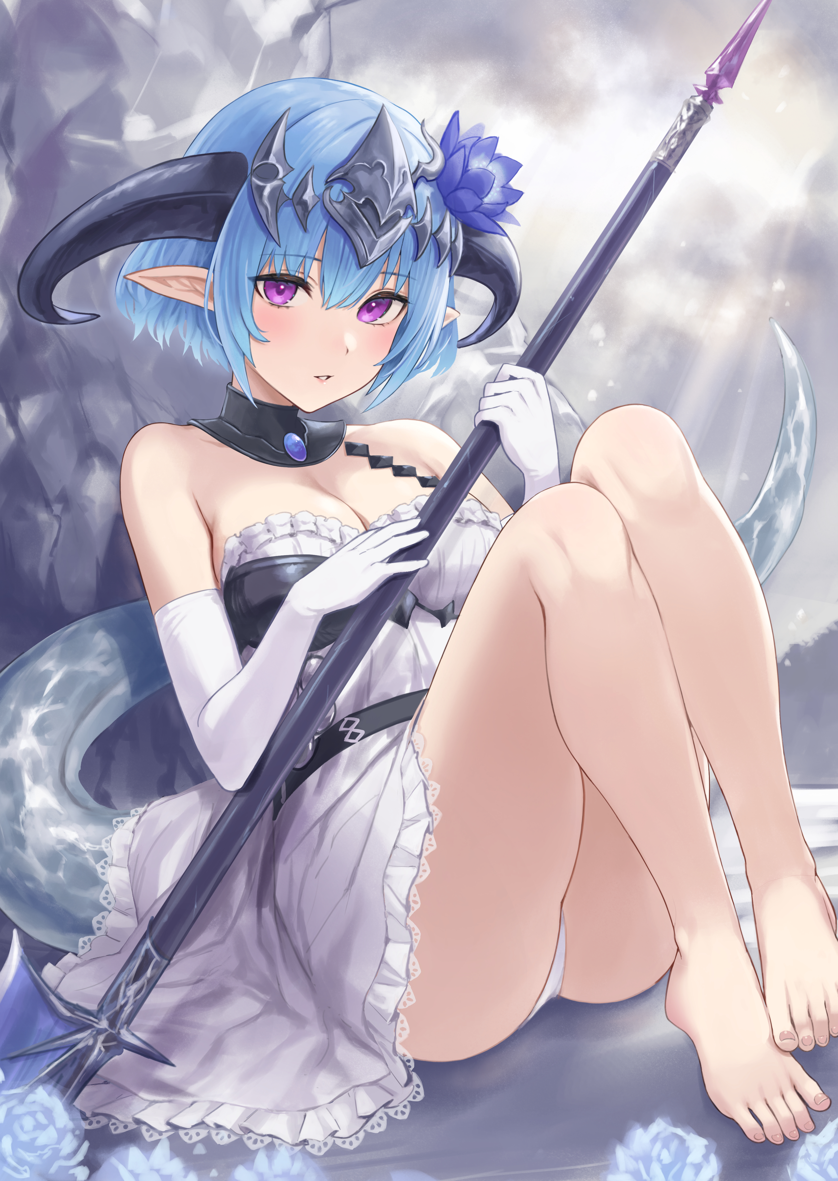 enporion, filene (shadowverse), shadowverse, shadowverse: worlds beyond, absurdres, highres, 1girl, barefoot, blue flower, blue hair, breasts, chest guard, cleavage, crystal tail, curled horns, dragon girl, dragon horns, dragon tail, dress, elbow gloves, flower, gloves, hair between eyes, hair flower, hair ornament, headpiece, holding, holding weapon, horns, looking at viewer, medium breasts, panties, pointy ears, purple eyes, short hair, single strap, sitting, solo, tail, underwear, weapon, white dress, white gloves, white panties