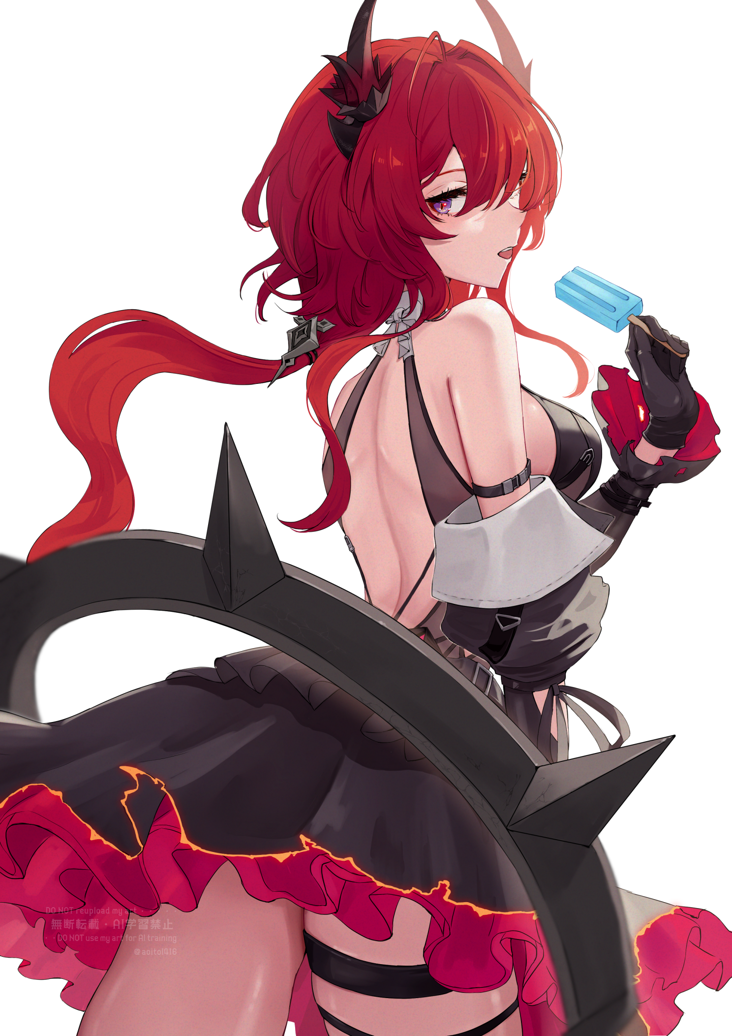 aoi tooru, laevatein (arknights), surtr (arknights), arknights, arknights: endfield, commentary, highres, 1girl, bare shoulders, black horns, breasts, cowboy shot, food, hair between eyes, holding, holding food, holding ice cream, horns, ice cream, long hair, looking at viewer, median furrow, medium breasts, open mouth, profile, purple eyes, red hair, simple background, solo, standing, thigh strap, turning head, watermark, white background