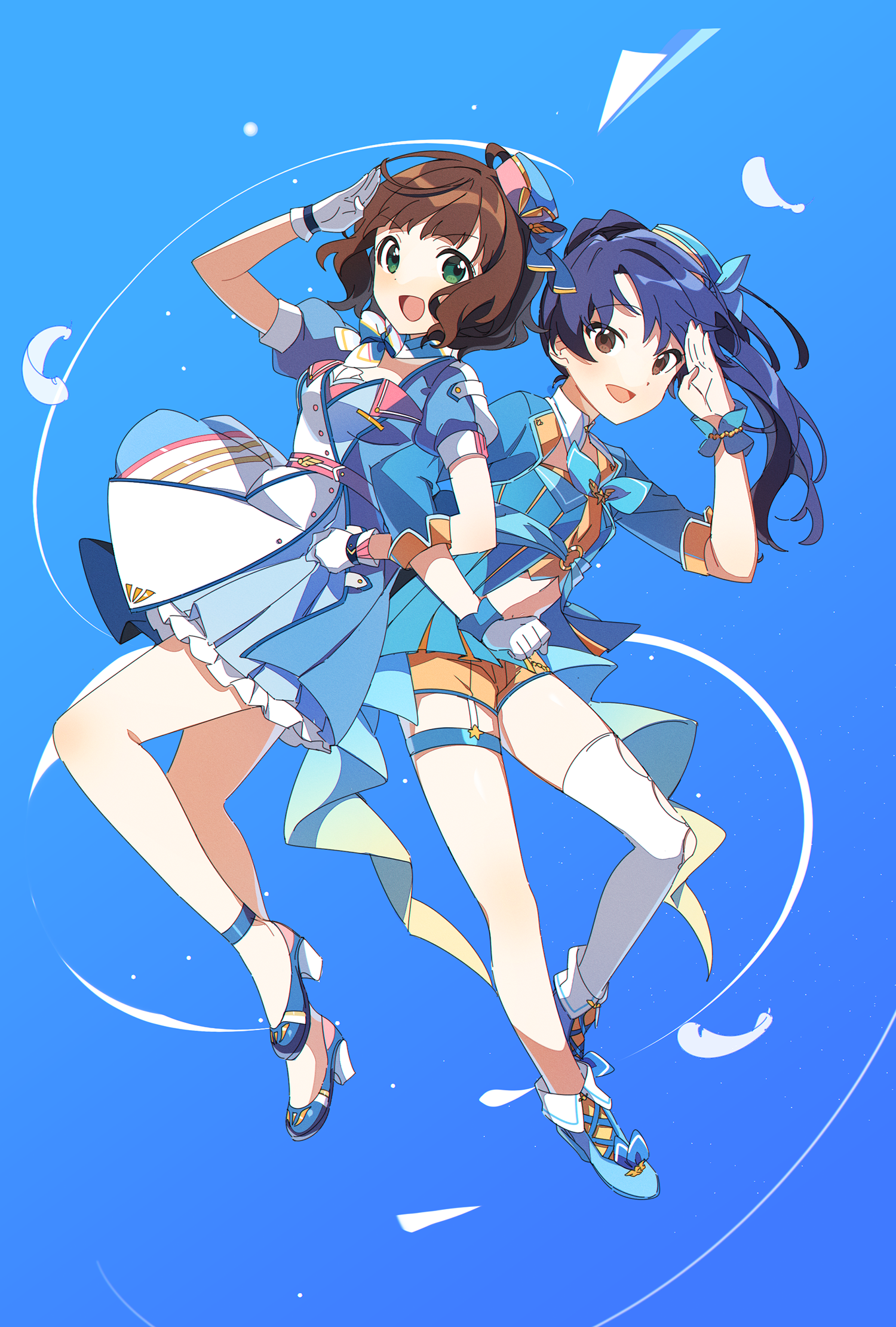 ap bar, amami haruka, kisaragi chihaya, idolmaster, idolmaster (classic), idolmaster million live!, idolmaster million live! theater days, highres, 2girls, ahoge, bare legs, blue background, blue dress, blue hair, bow, bowtie, brown eyes, brown hair, dress, flight attendant, full body, gloves, green eyes, hat, kisaragi chihaya (dream sky attendant), long hair, looking at viewer, mini hat, multiple girls, open mouth, puffy short sleeves, puffy sleeves, salute, short dress, short hair, short sleeves, single glove, travel attendant, wavy hair, white gloves