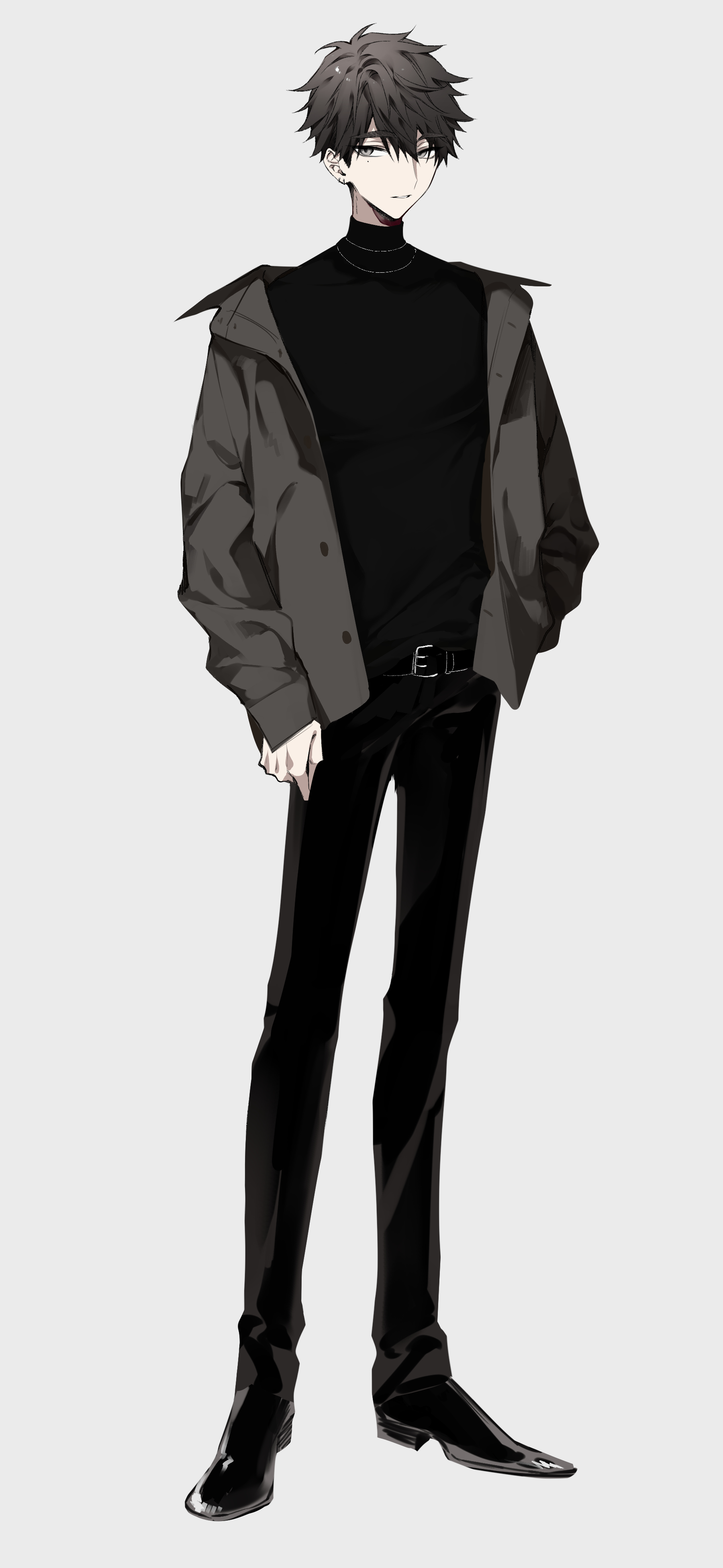 shiozaki shino, original, absurdres, highres, 1boy, belt, black hair, black pants, black shirt, black shoes, full body, grey background, grey eyes, grey jacket, jacket, long sleeves, open clothes, open jacket, pants, shirt, shoes, short hair, simple background, solo, white background