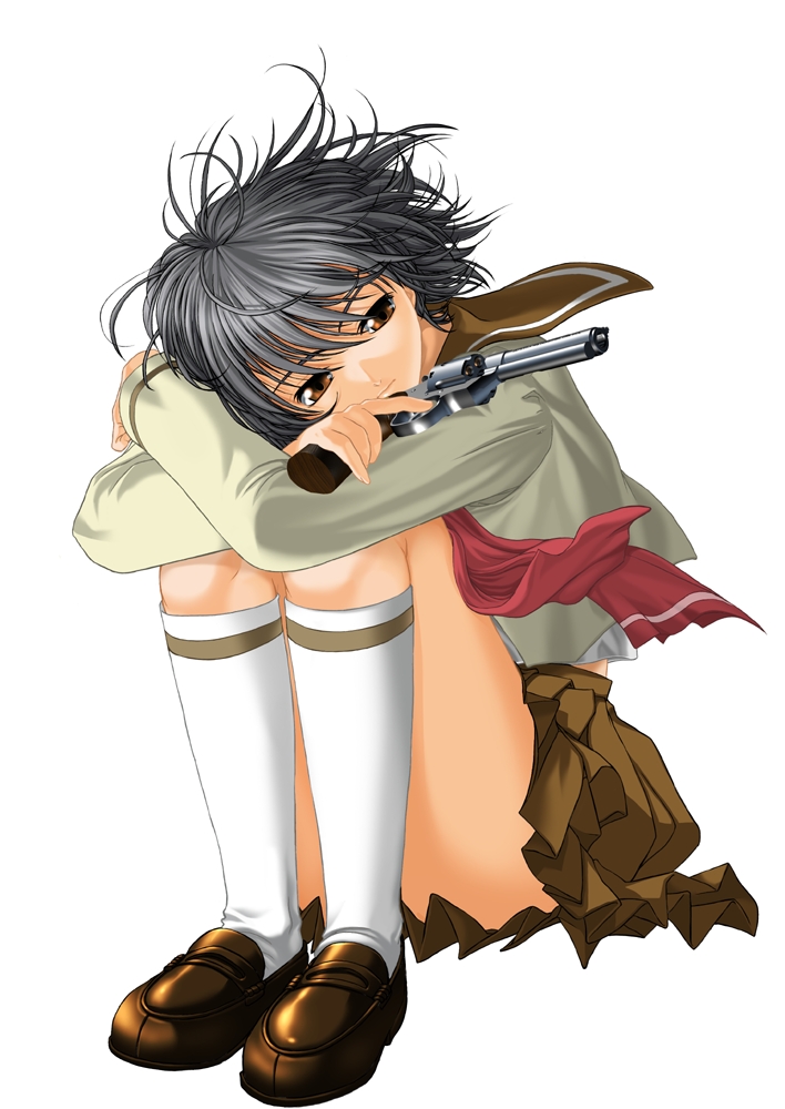 ein (phantom of inferno), nitroplus, phantom of inferno, 1girl, female focus, gun, handgun, kneehighs, revolver, school uniform, serafuku, socks, solo, weapon