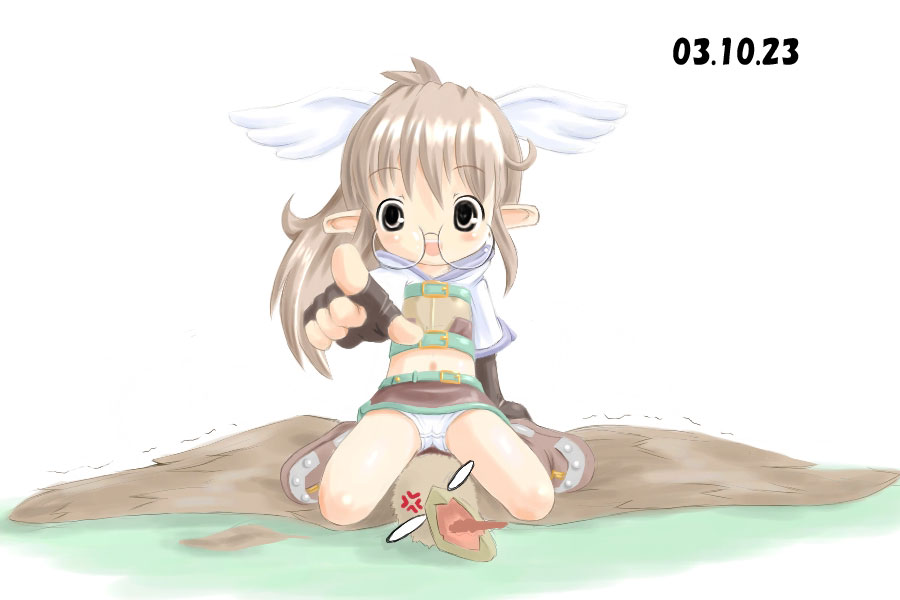 hunter (ragnarok online), hunter (ro), ragnarok online, 1girl, :d, anger vein, bird, boots, brown hair, dated, elf, female focus, glasses, gloves, loli, long hair, midriff, miniskirt, open mouth, panties, pantyshot, pointing, pointy ears, pterosaur, skirt, smile, solo, straddling, underwear, upskirt, wings