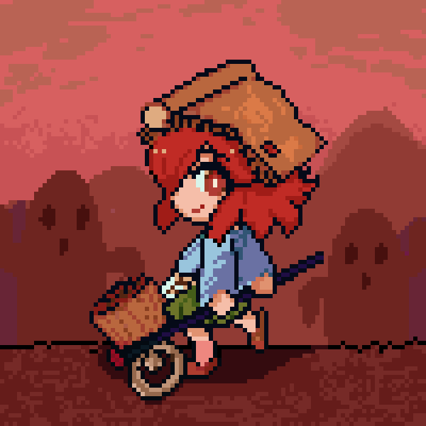 ex mugennumaya, katano sukune, len'en, 1other, androgynous, apron, bare legs, blue kimono, bottle opener, bright pupils, brown helmet, brown slippers, chibi, closed mouth, cloud, green hakama, hakama, hakama short skirt, hakama skirt, hammer, haniwa (statue), helmet, holding, holding hammer, japanese clothes, katano sukune's bottle opener, kimono, long sleeves, looking at viewer, looking back, medium hair, mountainous horizon, other focus, outdoors, pixel art, red eyes, red hair, red sky, shadow, short kimono, skirt, sky, slippers, smile, solo, sunset, waist apron, white apron, white pupils, wide sleeves