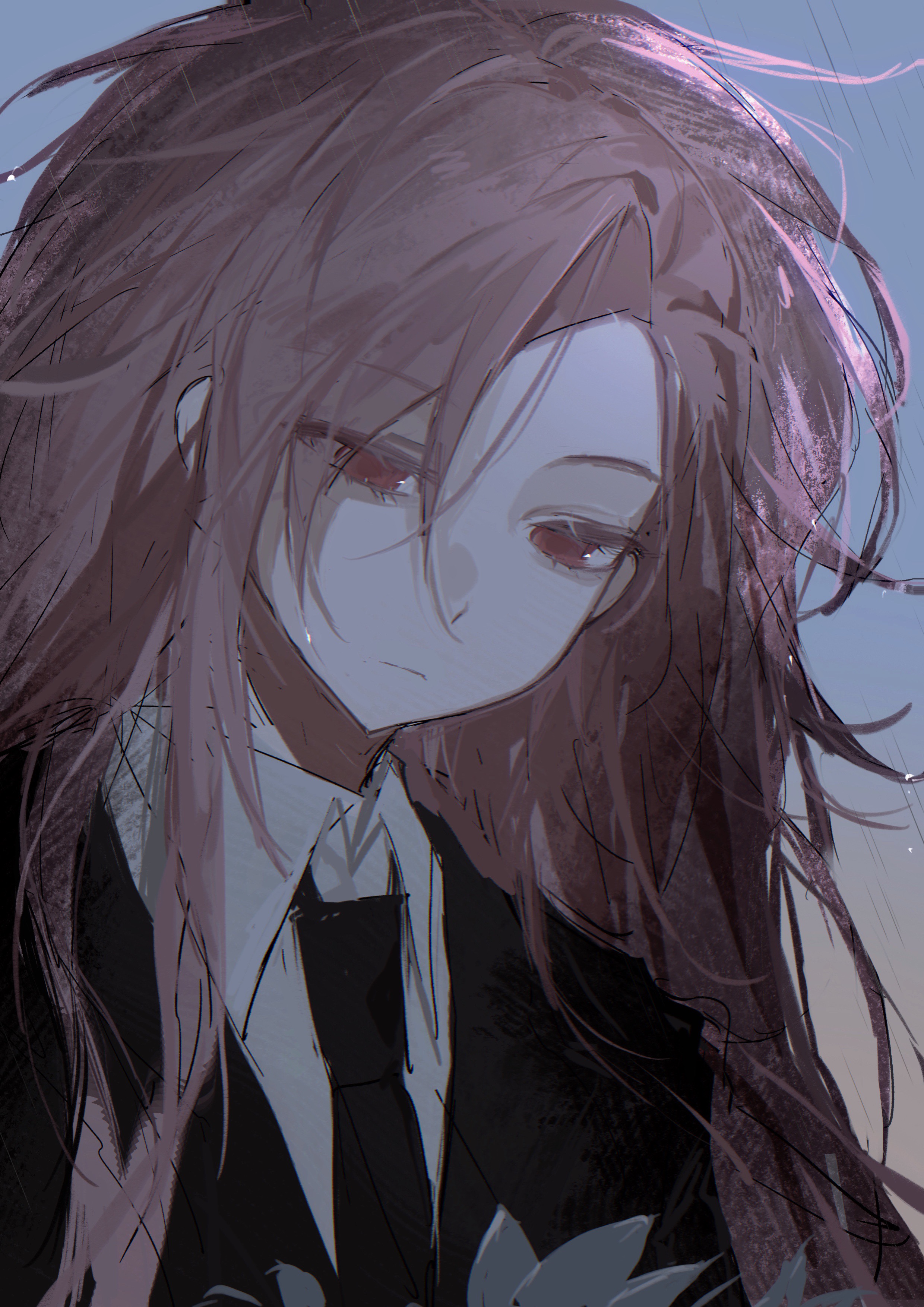 hatsutori hajime, saibou shinkyoku, absurdres, chinese commentary, commentary request, highres, 1boy, black jacket, black necktie, closed mouth, collared shirt, expressionless, eyes visible through hair, jacket, latham (7189680211), long hair, male focus, necktie, outdoors, pink hair, rain, red eyes, shirt, solo, upper body, white shirt