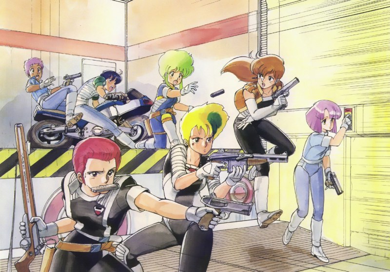 sonoda ken'ichi, catty, eluza, lufy, patty, pony (gall force), rabby, rumy, gall force, uniform, vehicle, 1980s (style), 6+girls, android, belt, black bodysuit, blonde hair, blue bodysuit, blue hair, bodysuit, boots, brown hair, dark-skinned female, dark skin, dual wielding, elbow gloves, elza (gall force), everyone, fighting stance, gloves, green hair, gun, handgun, holding, holster, jumping, knee boots, long hair, motor vehicle, motorcycle, mouth hold, multicolored hair, multiple girls, oldschool, pink hair, pistol, pony (animal), purple hair, retro artstyle, rifle, short hair, shotgun, two-tone hair, vest, weapon