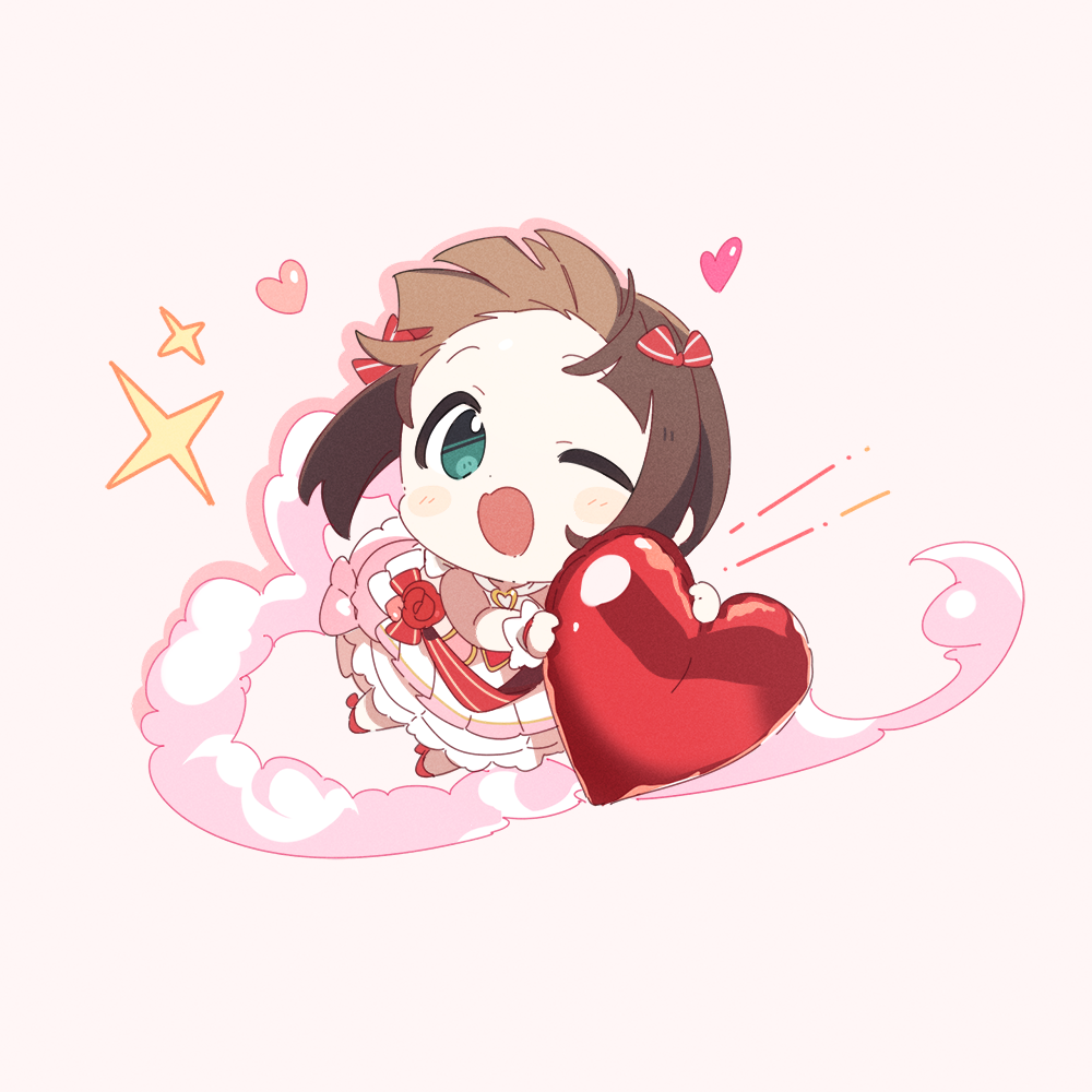 ap bar, amami haruka, idolmaster, idolmaster (classic), 1girl, bow, brown hair, chibi, chibi only, dress, dust cloud, fang, floating hair, flower, frilled dress, frills, full body, green eyes, hair bow, heart, holding, holding heart, looking at viewer, one eye closed, open mouth, pink background, red bow, red flower, red rose, rose, short hair, short sleeves, simple background, skin fang, smile, solo, sparkle, white dress, white wrist cuffs, wrist cuffs