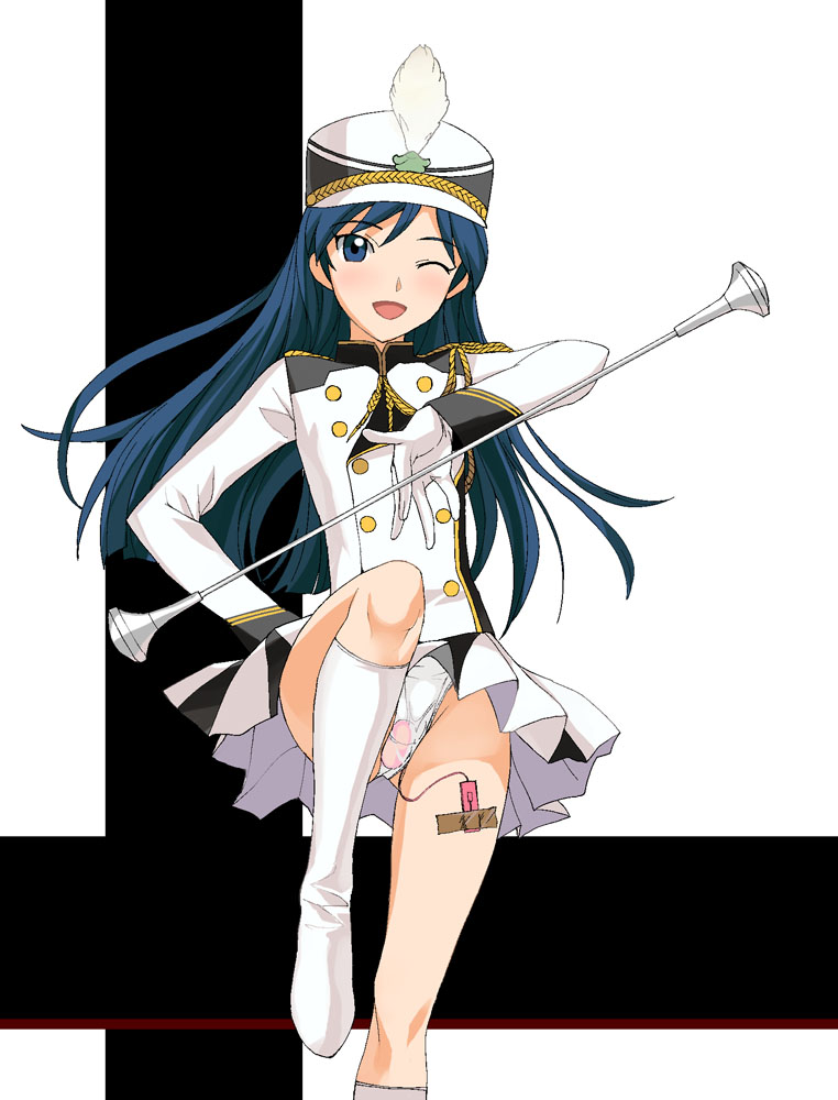 a1 (initial-g), kisaragi chihaya, idolmaster, idolmaster (classic), baton, 00s, 1girl, band uniform, blue eyes, blue hair, egg vibrator, female focus, long hair, majorette, matching hair/eyes, miniskirt, one eye closed, panties, pantyshot, public indecency, public vibrator, sex toy, skirt, solo, underwear, vibrator, vibrator under clothes, vibrator under panties, wink