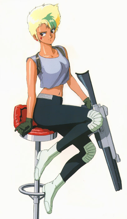 sonoda ken'ichi, lufy, gall force, 1980s (style), 1girl, bandaid, blonde hair, boots, chair, crop top, earrings, female focus, full body, gloves, green hair, gun, jewelry, knee pads, midriff, multicolored hair, navel, oldschool, pants, red eyes, retro artstyle, rifle, short hair, simple background, sitting, sleeveless, smile, solo, star (symbol), stool, tan, two-tone hair, weapon