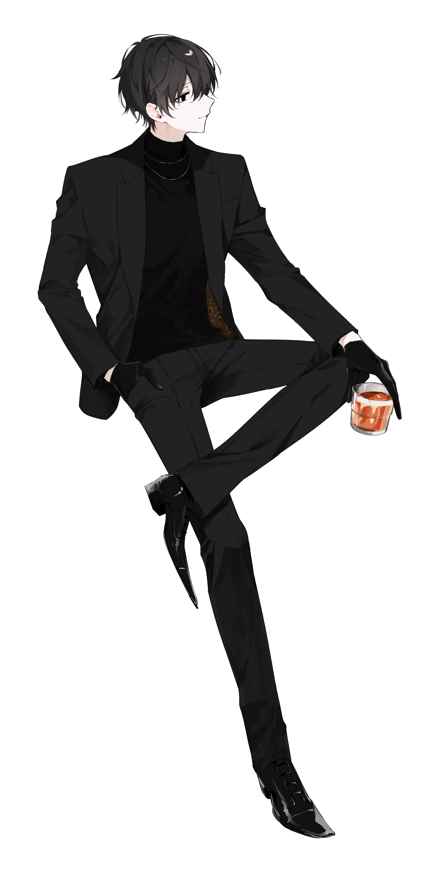 shiozaki shino, original, absurdres, highres, 1boy, black eyes, black gloves, black hair, black jacket, black pants, black shirt, black shoes, cup, drinking glass, full body, gloves, holding, holding cup, jacket, long sleeves, looking to the side, open clothes, open jacket, pants, shirt, shoes, short hair, simple background, sitting, solo, white background