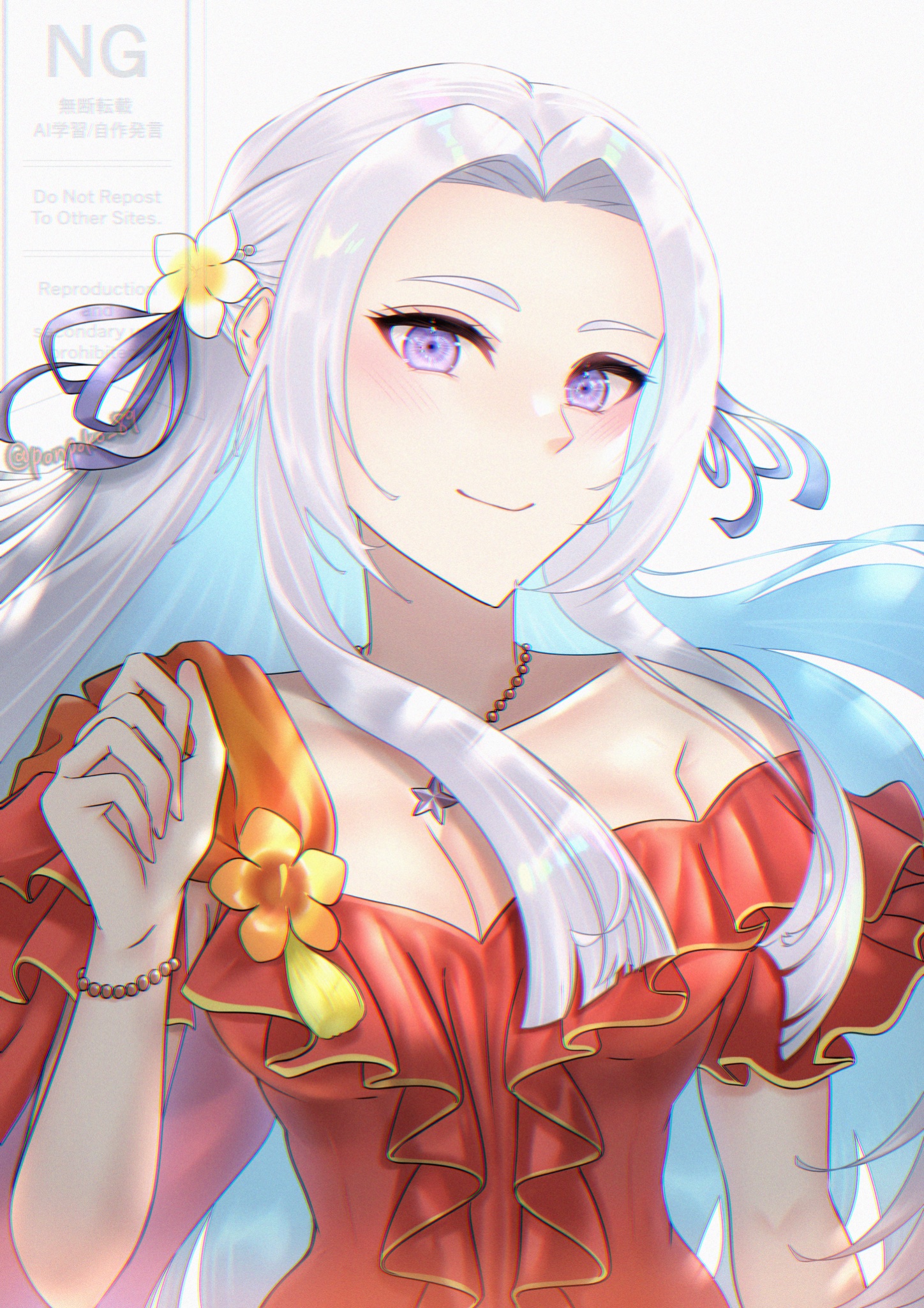 ponpoko89, edelgard von hresvelg, edelgard von hresvelg (summer), fire emblem, fire emblem: three houses, fire emblem heroes, nintendo, highres, 1girl, bare shoulders, blush, bracelet, breasts, casual one-piece swimsuit, cleavage, closed mouth, collarbone, flower, frilled one-piece swimsuit, frills, hair flower, hair ornament, hair ribbon, jewelry, large breasts, long hair, looking at viewer, necklace, official alternate costume, one-piece swimsuit, purple eyes, red one-piece swimsuit, ribbon, simple background, single-shoulder one-piece swimsuit, single bare shoulder, smile, solo, swimsuit, upper body, white background, white hair