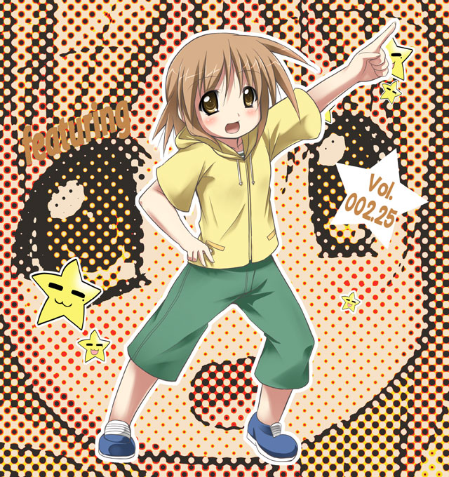 tekehiro, hiiragi matsuri, lucky star, 00s, 1girl, :d, arm up, brown eyes, brown hair, capri pants, female focus, full body, jacket, open mouth, pants, shoes, smile, socks, solo, white socks, zoom layer