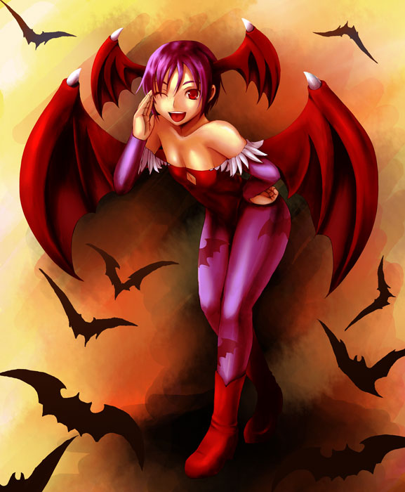 chiko (kanhogo), lilith (darkstalkers), capcom, darkstalkers, 1girl, animal print, bat print, bat wings, demon girl, elbow gloves, female focus, gloves, head wings, leotard, pantyhose, patterned legwear, print pantyhose, purple hair, purple pantyhose, red eyes, red leotard, solo, wings