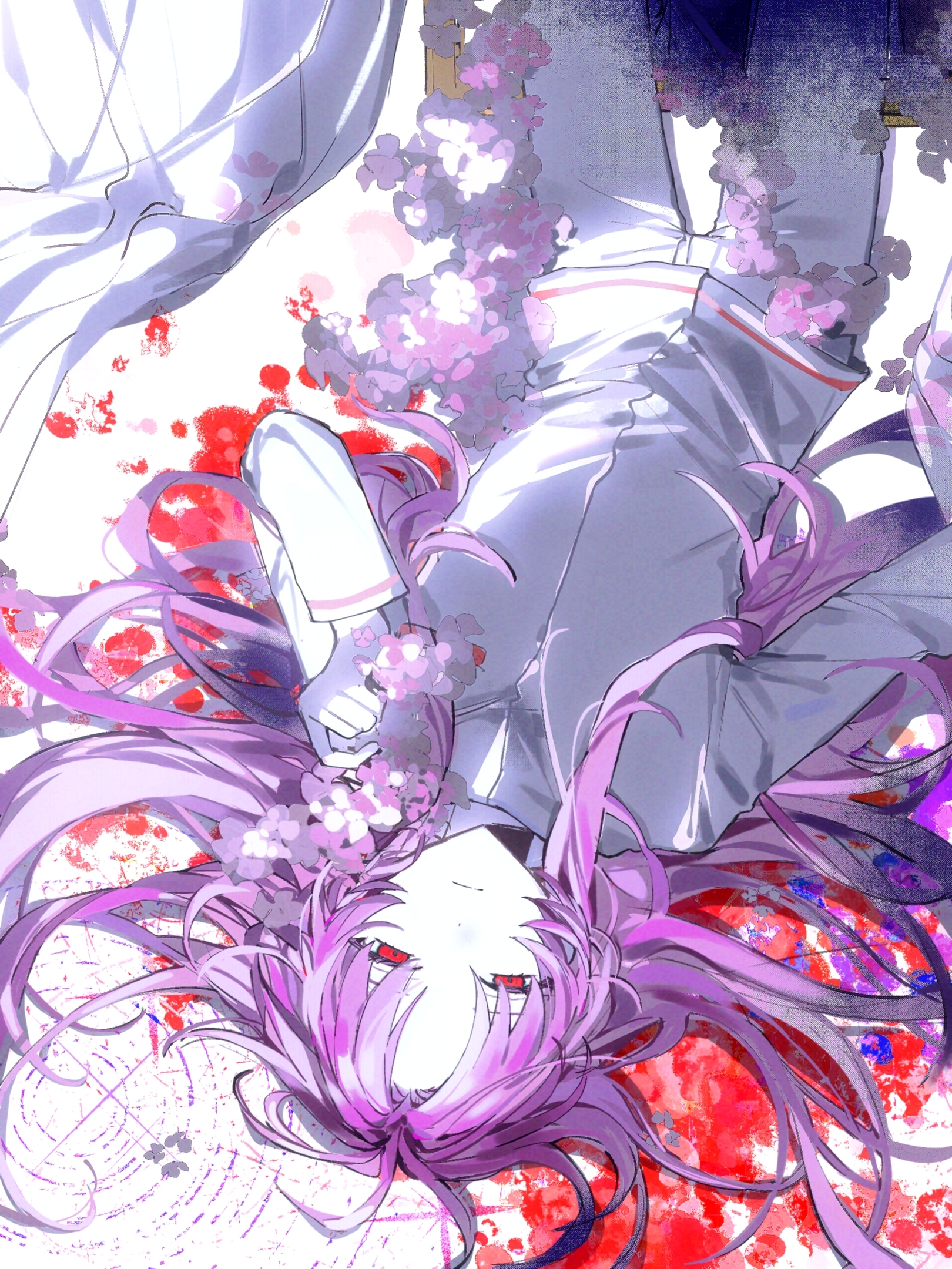 hatsutori hajime, saibou shinkyoku, chinese commentary, commentary, highres, procreate (medium), variant set, 1boy, blood, blood splatter, chuanchayinlris, closed mouth, colored skin, expressionless, flower, jacket, long hair, long sleeves, looking at viewer, lying, male focus, on back, pants, pink flower, pink hair, red eyes, solo, upside-down, very long hair, white jacket, white pants, white skin