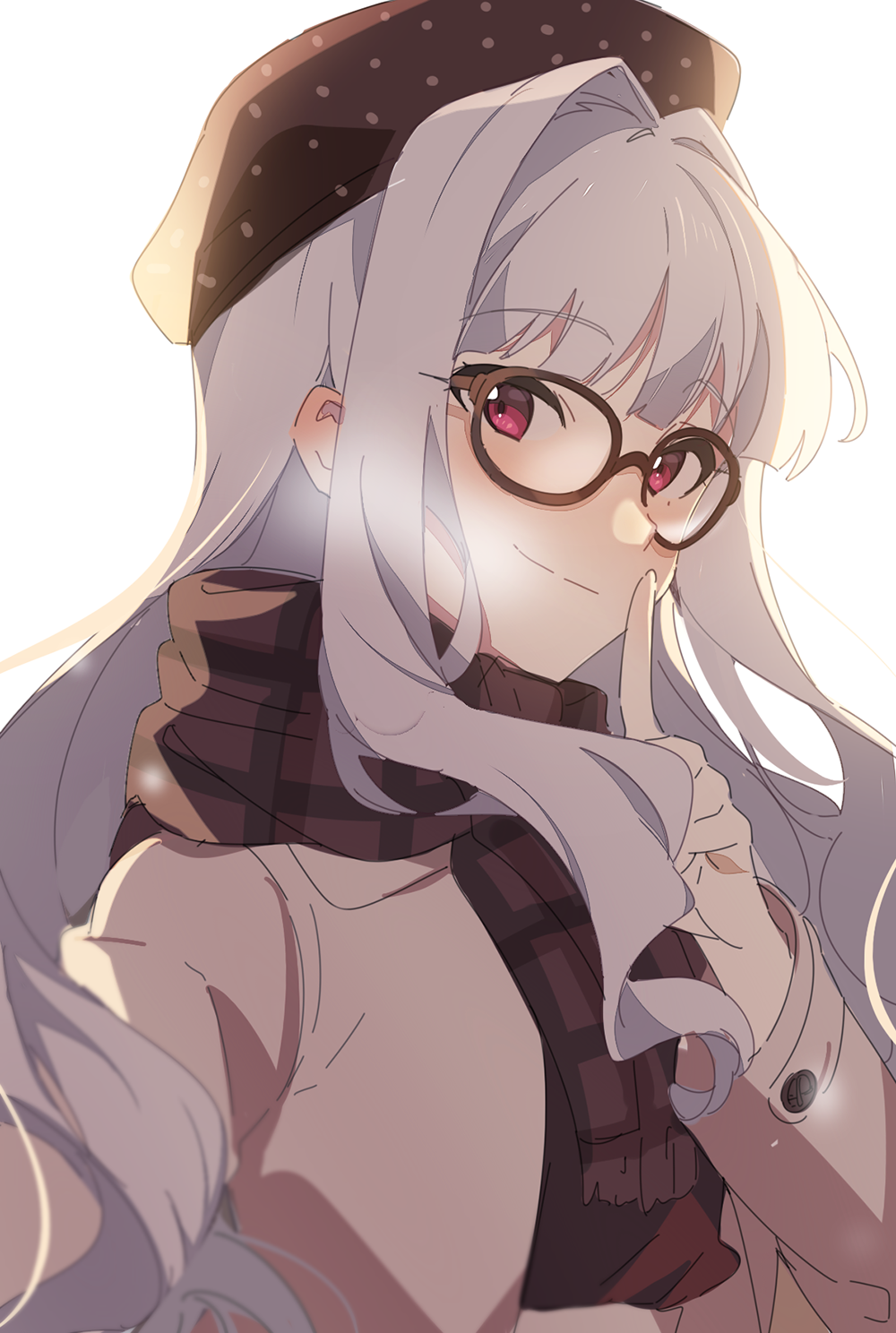 ap bar, shijou takane, idolmaster, idolmaster (classic), highres, 1girl, alternate costume, beret, bespectacled, black hat, black scarf, finger to mouth, glasses, hand up, hat, jacket, long hair, long sleeves, looking at viewer, pink eyes, plaid clothes, plaid scarf, scarf, sidelocks, simple background, smile, solo, white background, white hair, white jacket
