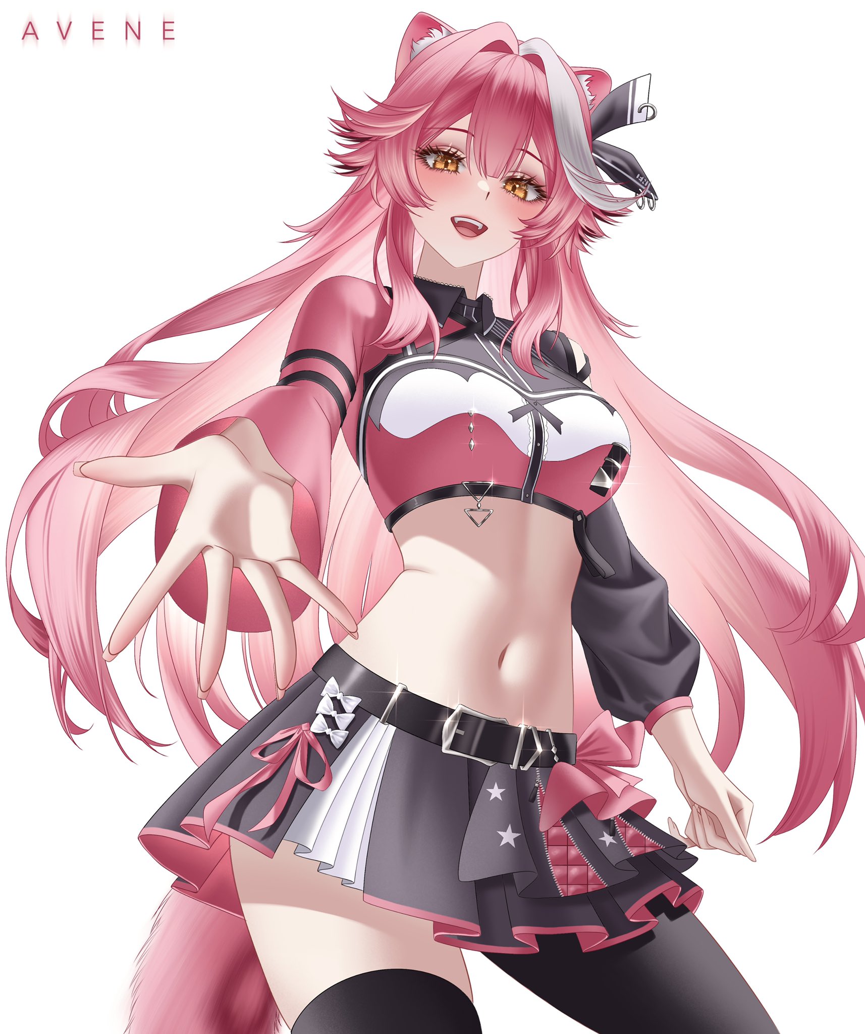 raora panthera, hololive, hololive english, commentary, english commentary, highres, 1girl, :d, animal ears, asymmetrical legwear, asymmetrical sleeves, avene chan, black pantyhose, black skirt, black thighhighs, breasts, center-flap bangs, collared shirt, cropped shirt, detached sleeves, double-parted bangs, fangs, hololive idol uniform (color rise), idol clothes, large breasts, long hair, looking at viewer, midriff, miniskirt, mismatched sleeves, multicolored hair, multicolored shirt, navel, official alternate costume, open hand, open mouth, panther ears, panther girl, panther tail, pantyhose, pink hair, pink shirt, puffy detached sleeves, puffy short sleeves, puffy sleeves, reaching, reaching towards viewer, shirt, short sleeves, sidelocks, simple background, single detached sleeve, single leg pantyhose, single sleeve, single thighhigh, skirt, smile, solo, streaked hair, tail, teeth, thighhighs, uneven legwear, upper teeth only, very long hair, virtual youtuber, white background, white hair, white shirt, yellow eyes