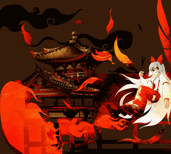 suzuki ritsu, fujiwara no mokou, whirlipede, nintendo, pokemon, touhou, 1girl, albino, bow, building, burning, burning building, female focus, fire, flying, gen 5 pokemon, hair bow, long sleeves, looking at viewer, ofuda, outdoors, pagoda, pants, pokemon (creature), red bow, red eyes, shirt, solo, suspenders, white shirt