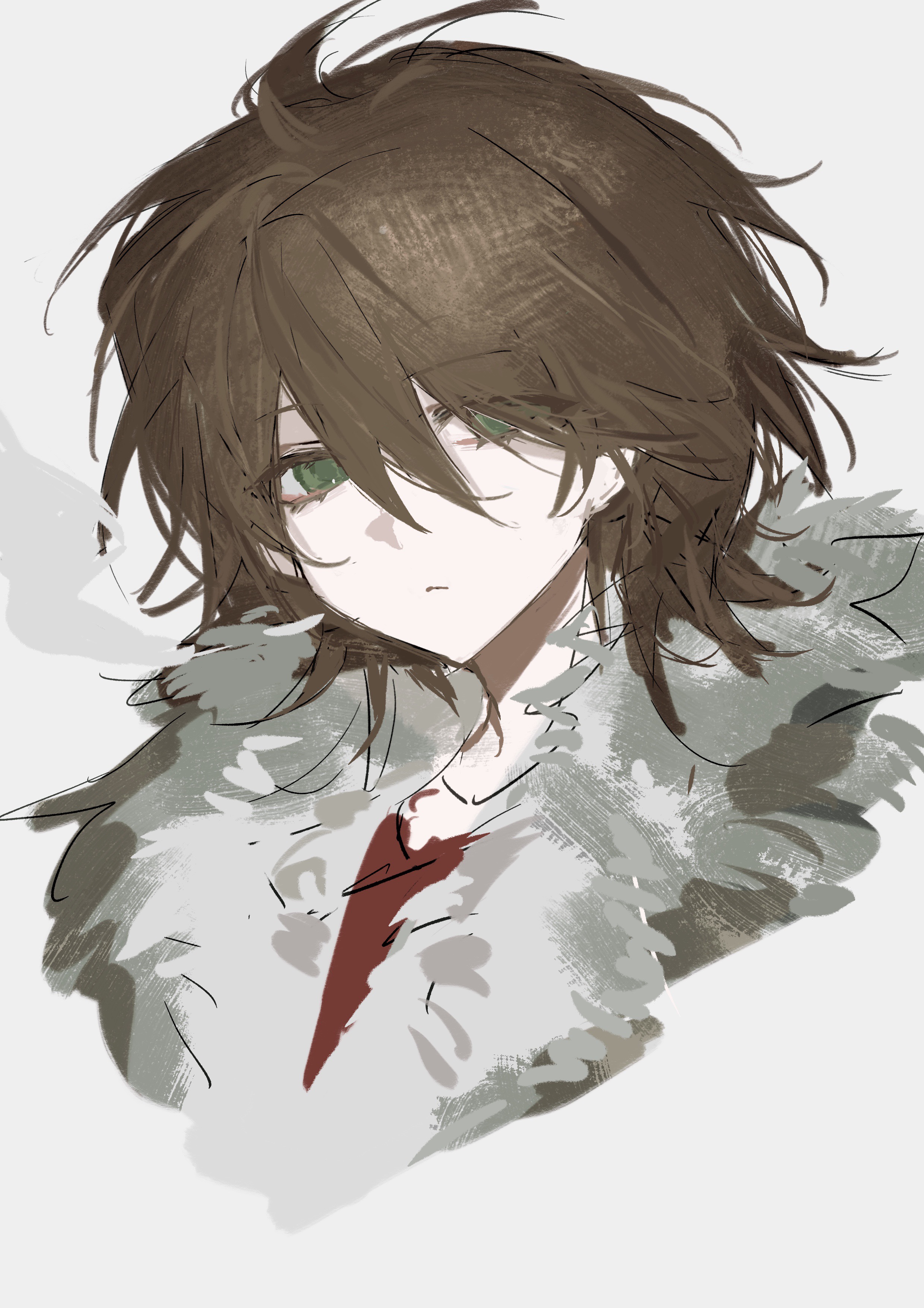 isoi reiji, saibou shinkyoku, absurdres, highres, 1boy, :<, brown hair, closed mouth, colored eyelashes, cropped torso, eyes visible through hair, fur trim, green eyes, grey background, hair between eyes, latham (7189680211), male focus, medium hair, red shirt, shirt, simple background, sketch, smoke, solo