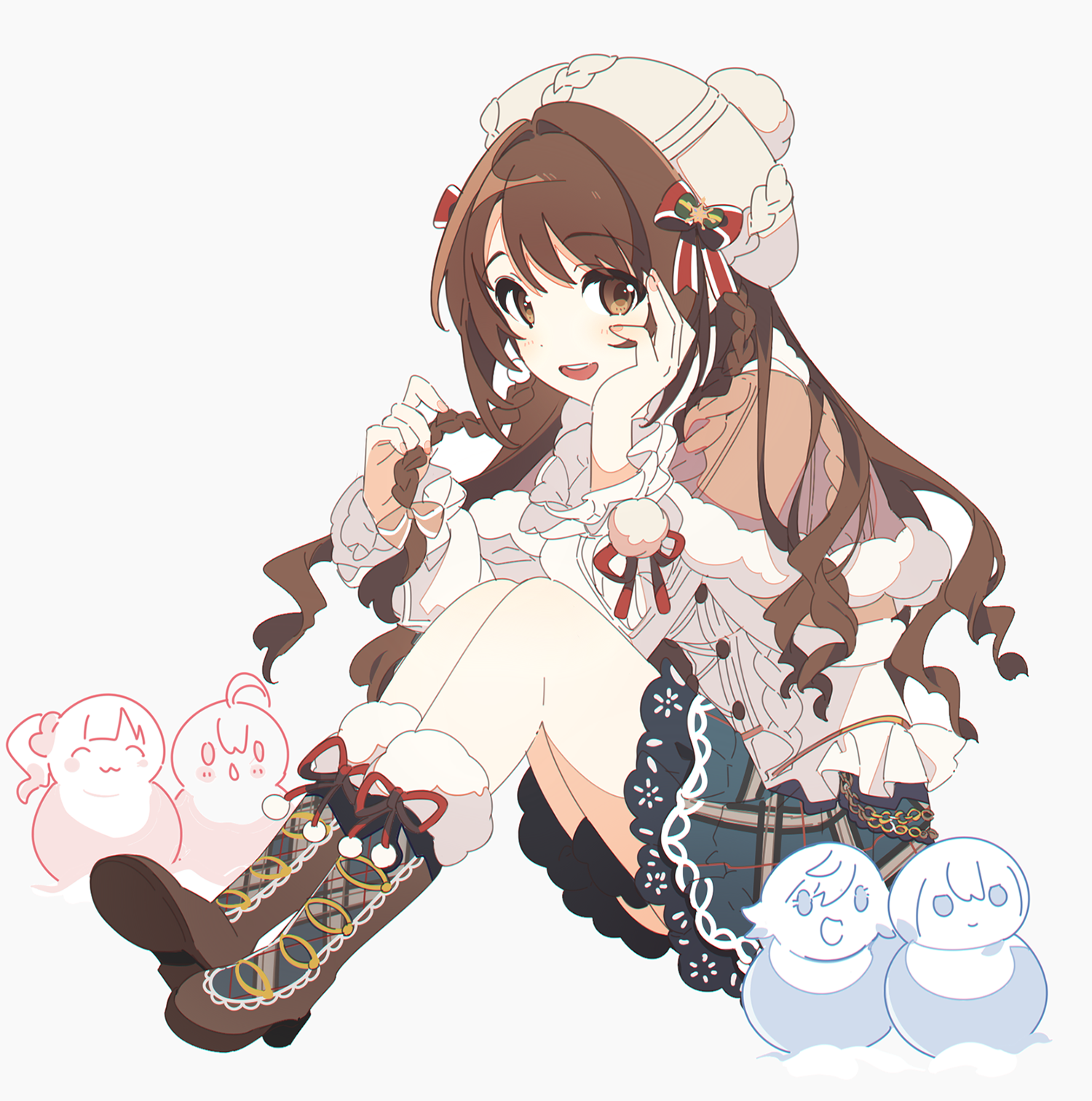 ap bar, honda mio, igarashi kyoko, kohinata miho, shibuya rin, shimamura uzuki, idolmaster, idolmaster cinderella girls, highres, 1girl, :d, alternate costume, bare legs, boots, braid, brown hair, capelet, frilled skirt, frilled sleeves, frills, fur-trimmed boots, fur-trimmed capelet, fur trim, hand on own cheek, hand on own face, holding, holding own hair, knees up, looking at viewer, open mouth, plaid clothes, plaid skirt, round teeth, simple background, sitting, skirt, smile, snowman, solo, teeth, wavy hair, white background