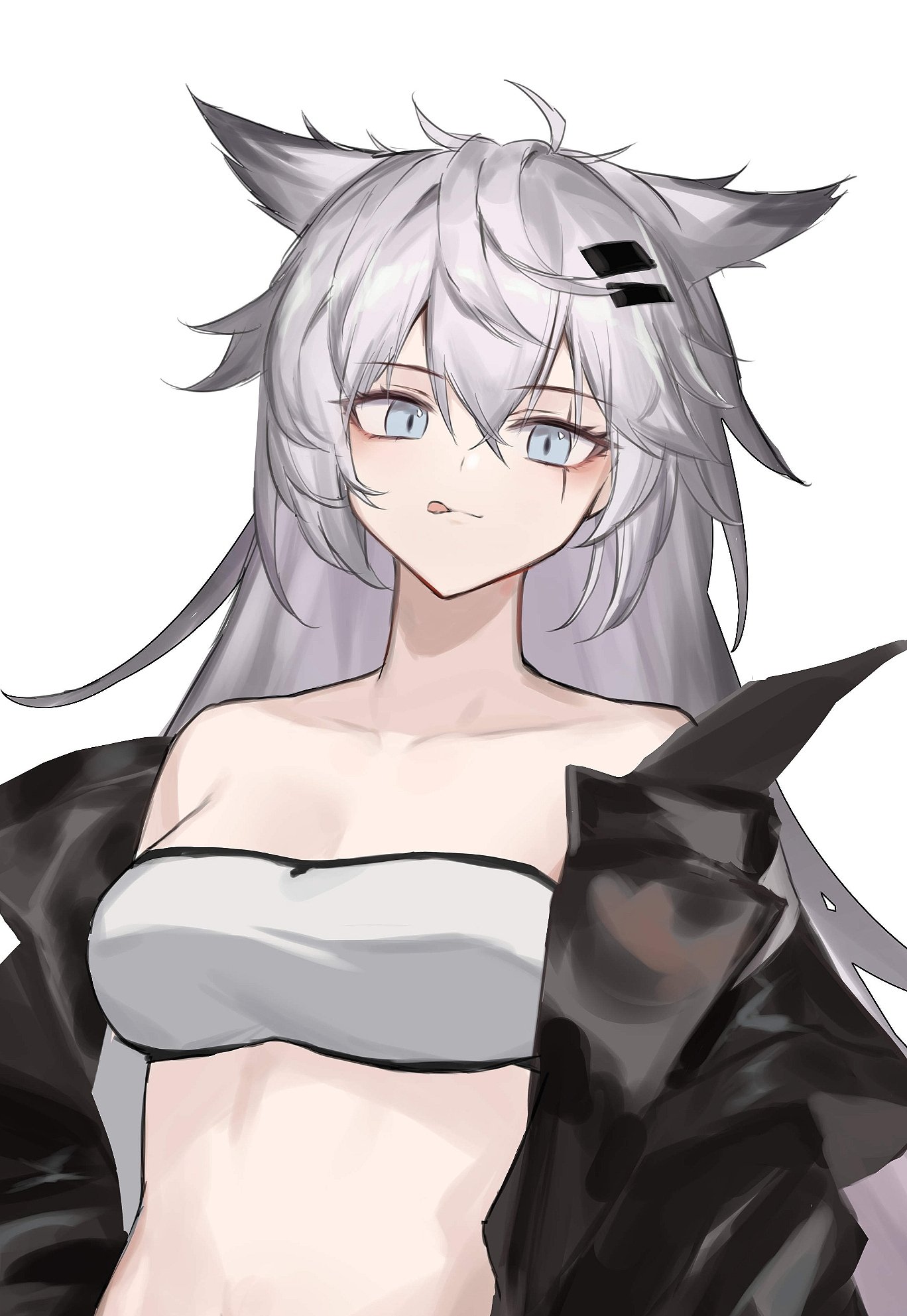 2naom8q6gt87292, lappland (arknights), arknights, commentary, highres, 1girl, animal ears, bandeau, bare shoulders, black jacket, closed mouth, collarbone, crop top, grey bandeau, grey eyes, grey hair, hair between eyes, hair ornament, hairclip, jacket, light smile, long hair, looking at viewer, off shoulder, simple background, solo, strapless, tongue, tongue out, upper body, white background, wolf ears, wolf girl