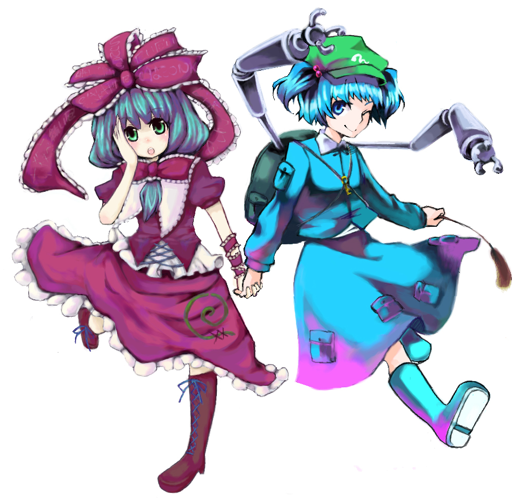 kagero (burstlife), tadano kagekichi, kagiyama hina, kawashiro nitori, touhou, bad id, bad pixiv id, 2girls, female focus, front ponytail, hair bobbles, hair ornament, holding hands, mechanical arm, mechanical arms, multiple girls, nobiiru arm, single mechanical arm, two side up