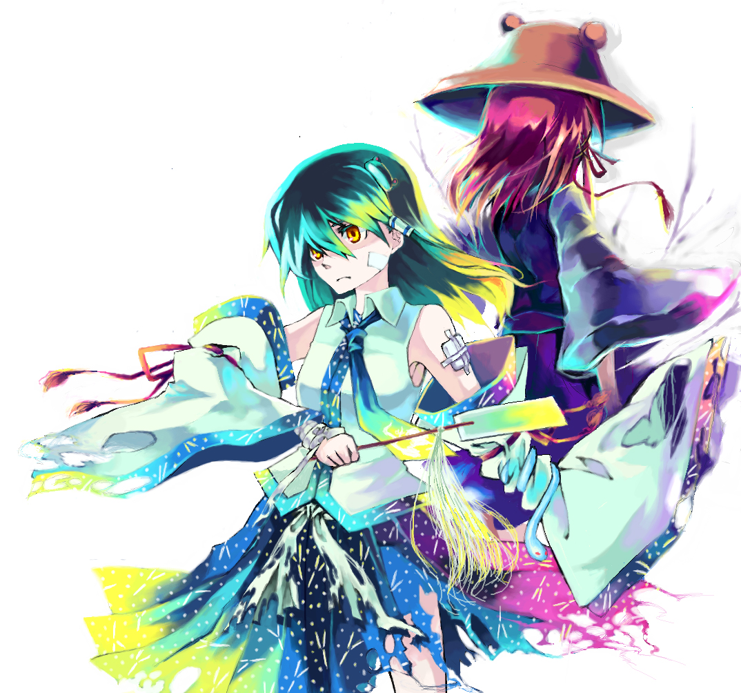 kagero (burstlife), tadano kagekichi, kochiya sanae, moriya suwako, touhou, bad id, bad pixiv id, 2girls, female focus, hat, multiple girls, skirt, white background