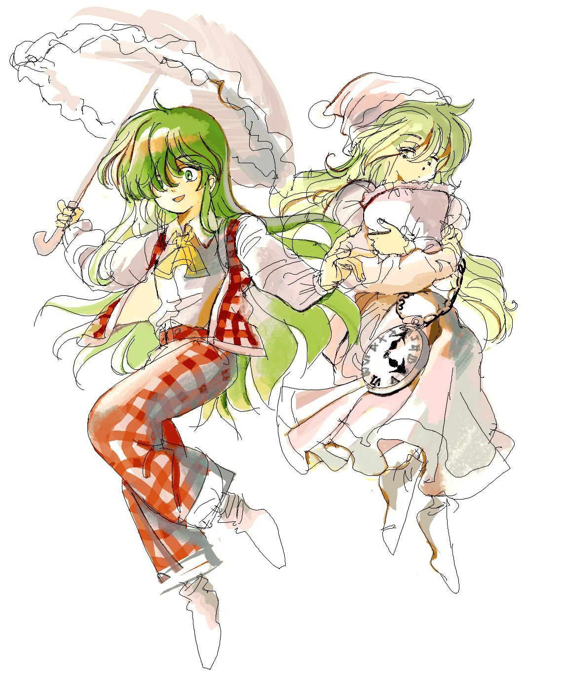 6osquet, kazami yuuka, kazami yuuka (pc-98), lotus land story, touhou, touhou (pc-98), highres, 2girls, ascot, closed mouth, collared shirt, dot nose, dress, dual persona, expressionless, fingernails, floating, frilled sleeves, frilled umbrella, frills, full body, green eyes, green hair, hair between eyes, hair over one eye, happy, hat, holding, holding pillow, holding umbrella, hugging object, long dress, long hair, long sleeves, looking at viewer, multiple girls, nightcap, nightgown, open clothes, open mouth, open vest, outstretched arms, oversized object, pants, parasol, pillow, pink dress, pink hat, plaid clothes, plaid pants, plaid vest, pleated dress, pocket watch, puffy long sleeves, puffy sleeves, red pants, red vest, shirt, simple background, smile, socks, umbrella, very long hair, vest, watch, white background, white shirt, white socks, white umbrella, yellow ascot